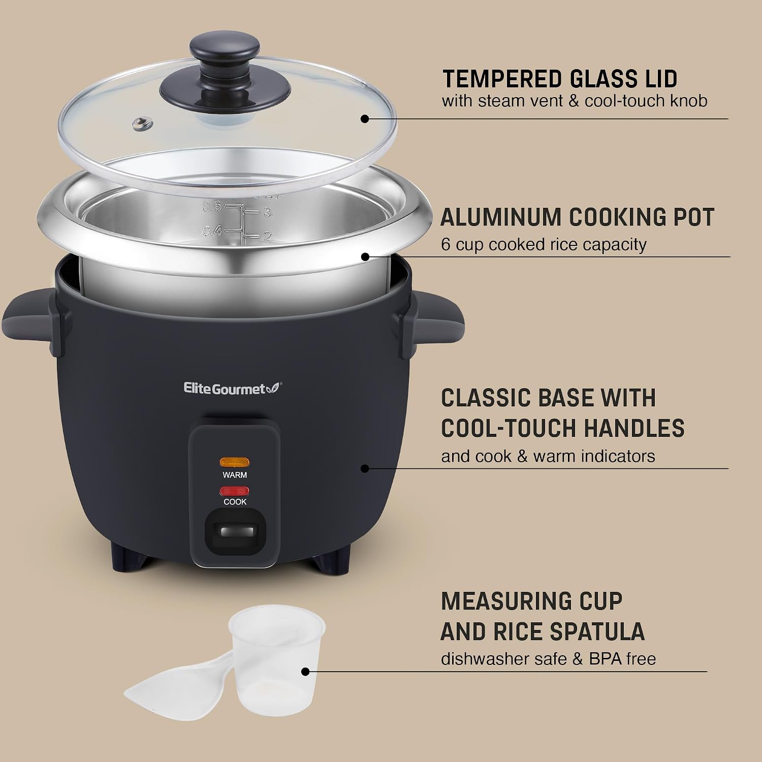 Elite Gourmet ERC003BX Rice Cooker, Keep Warm, Black, 6 Cups Cooked - Image 5