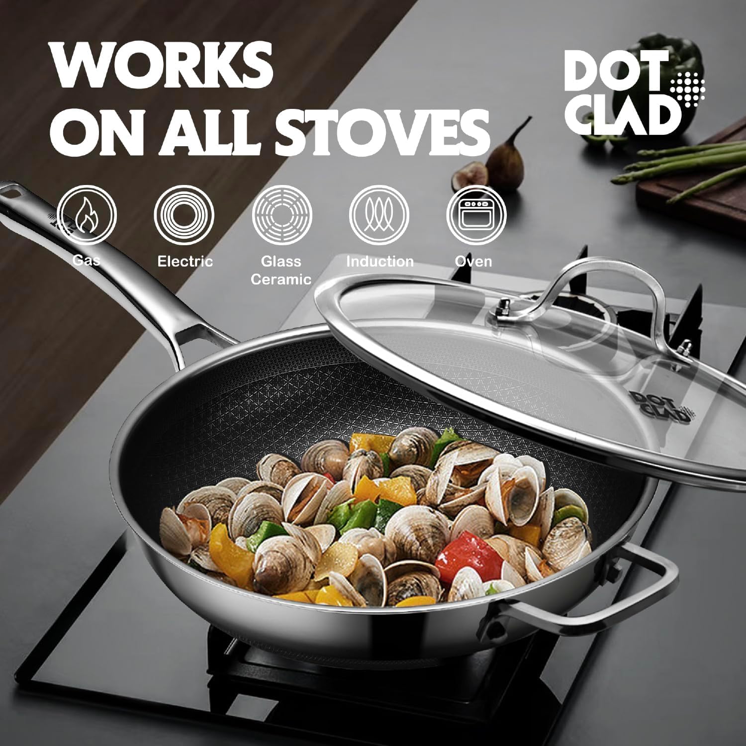 DOTCLAD Wok pan,Hybrid 12 inch Wok with Lid, PFOA Free Cookware,non stick Stainless Steel Woks & Stir-fry pans Nonstick, Dishwasher and Oven Safe, Works on Induction - Image 6