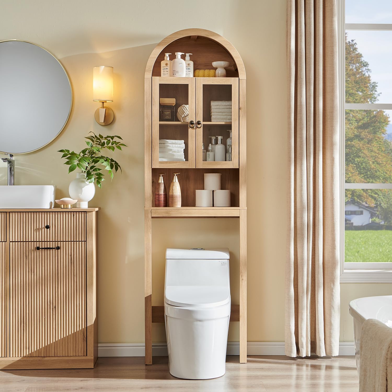 IFGET Arched Over The Toilet Storage Cabinet with Acrylic Doors,Natural Oak - Image 3