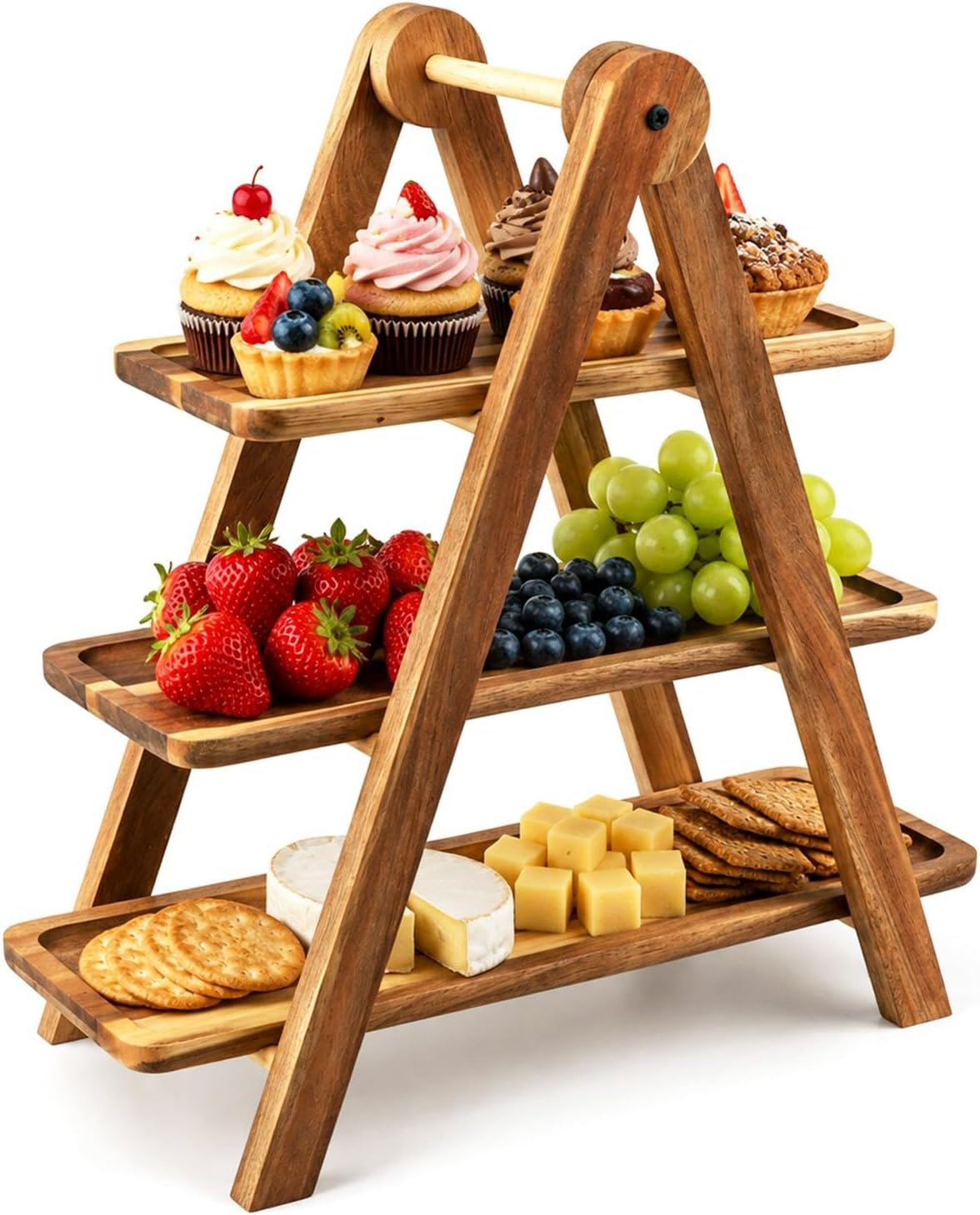 3 Tier Acacia Wood Serving Tray, Tiered Food Display Stand, Detachable Stable Pyramid Tray for Cupcake, Cheese, Fruit, Dessert, Great for Dinner Party & Tabletop Decoration
