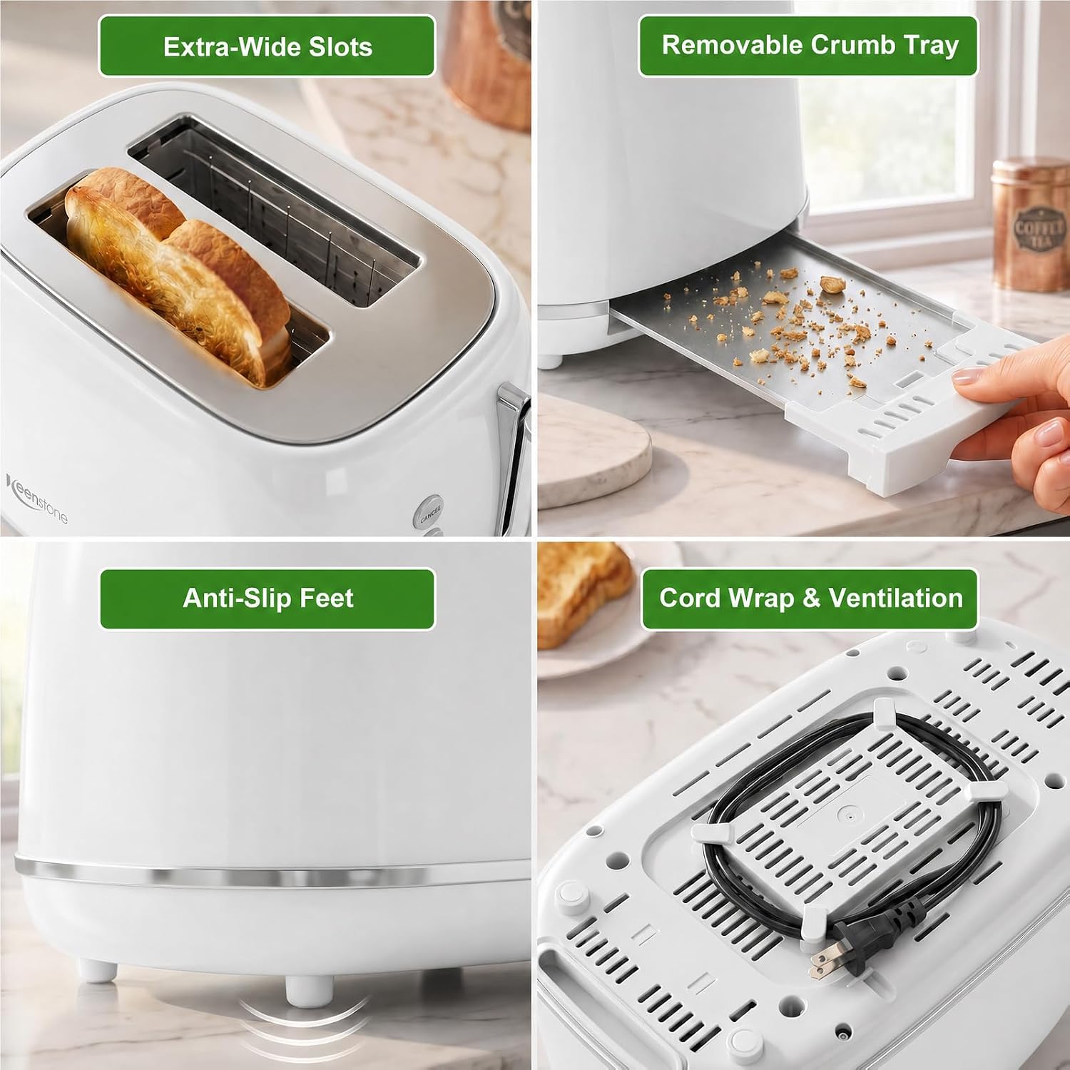 Keenstone 2 Slice Toaster, Retro Stainless Steel Kitchen Essentials, White - Image 6
