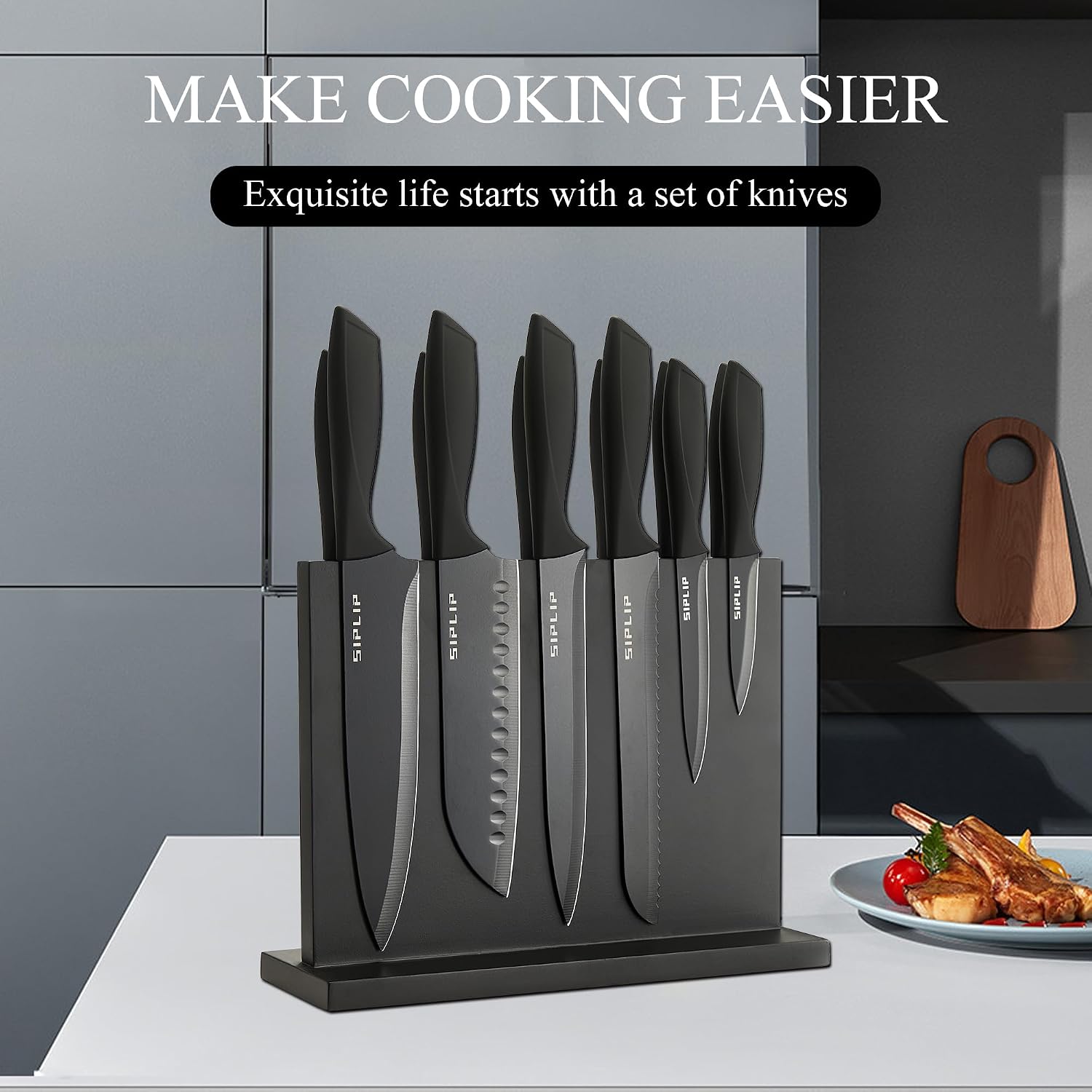 Kitchen knife set with Magnetic knife holder, 15 pieces high carbon stainless steel sharp kitchen knife set including chef's knife, bread knife, serrated steak knife set - Image 6