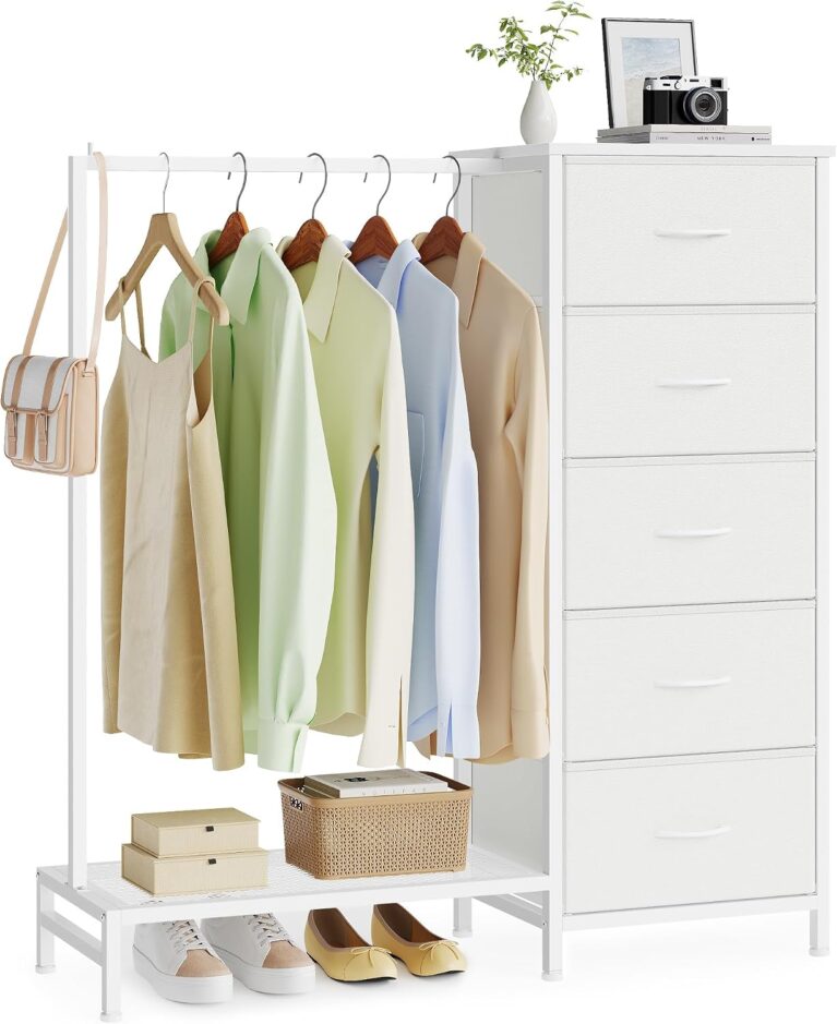 SONGMICS Dresser with Hanging Rod, 5 Fabric Drawers, Bottom Shelf
