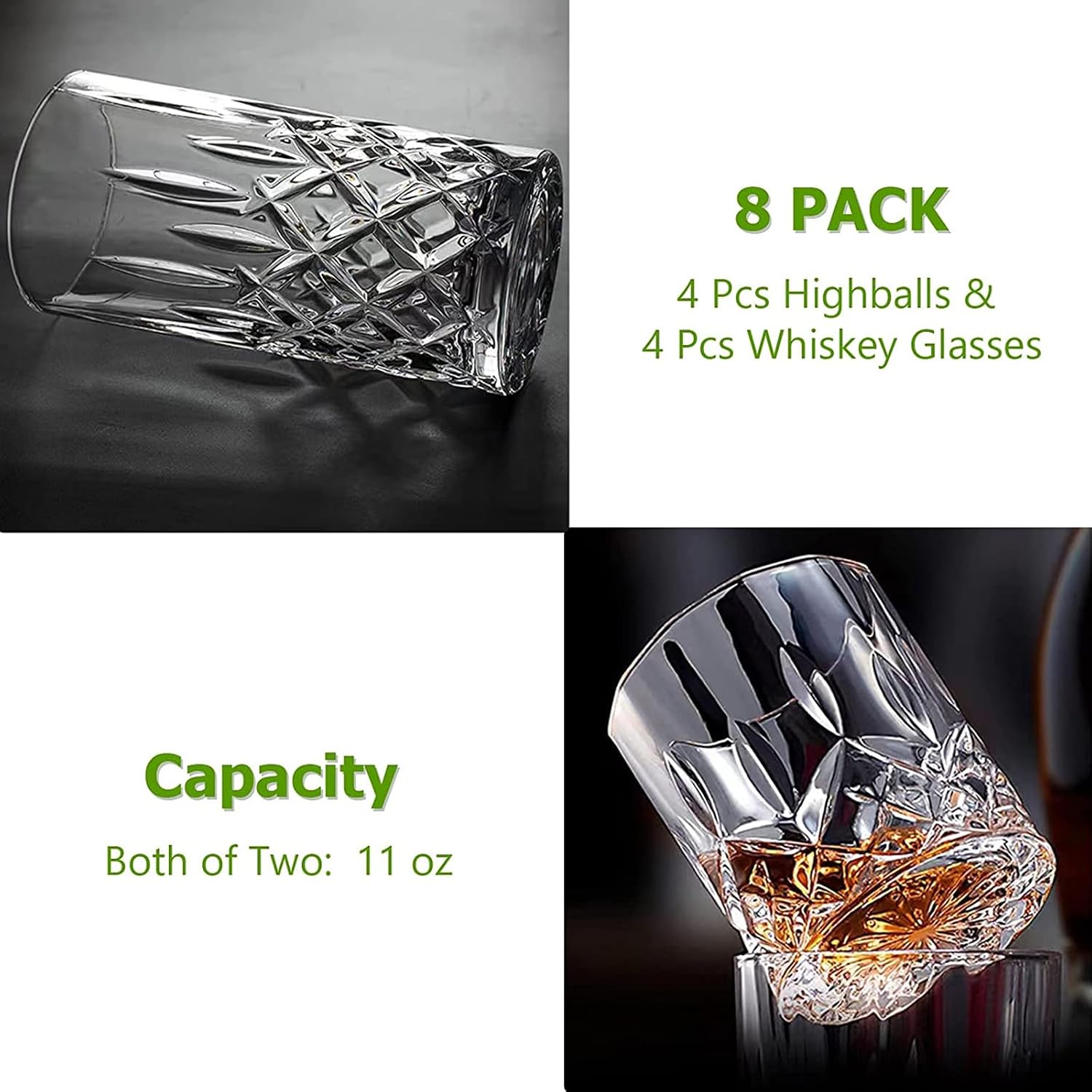 Qipecedm Drinking Glasses, 8 Piece Crystal Glass Cups, Mixed Glassware Set, 4 pcs Crystal Old Fashioned 11oz Highballs and 4 pcs 11oz Whiskey Glasses, Great for Cocktail, Whisky and other Beverages - Image 6