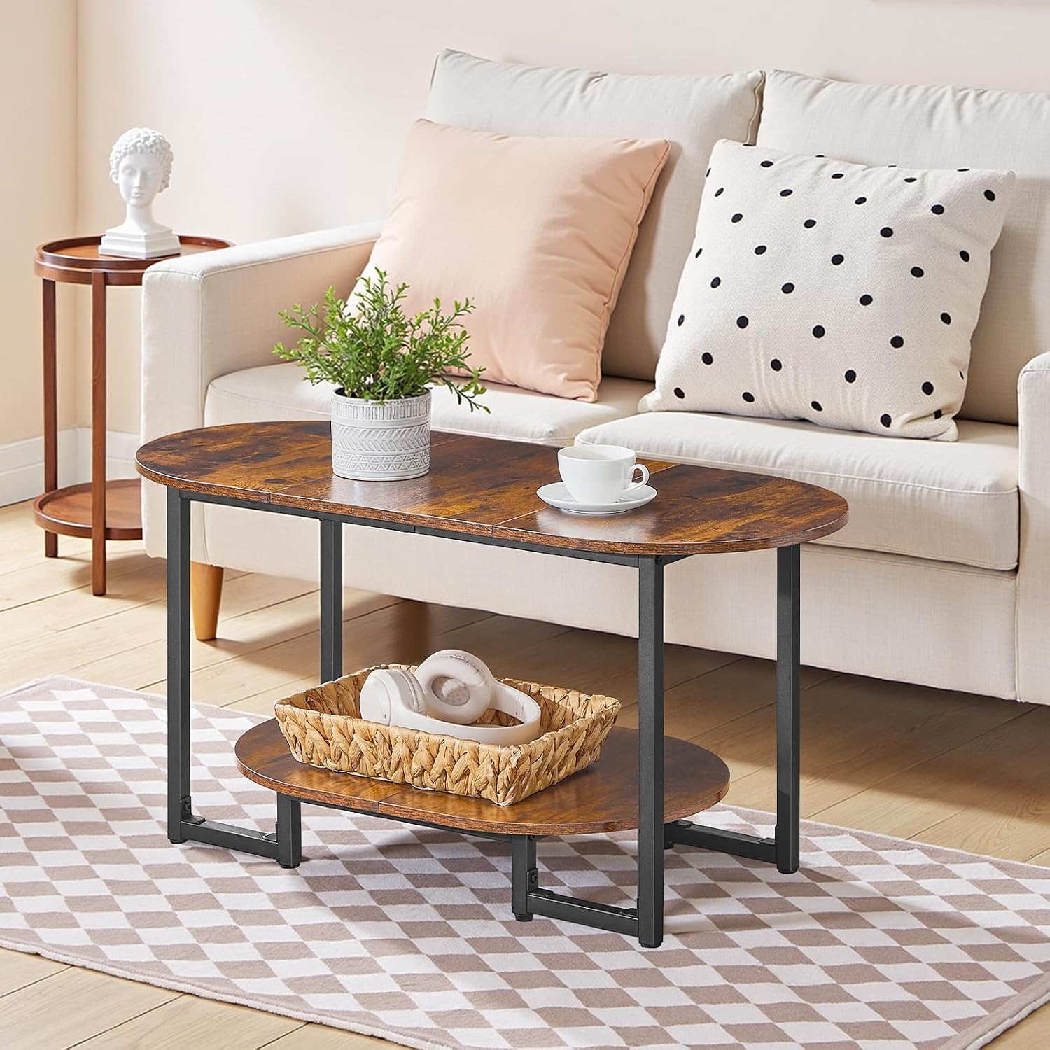 HOOBRO Coffee Table for Living Room, Oval Small Coffee Table with 2-Tier Open Storage Shelf, Industrial Cocktail Tea Table, Wooden Desktop Center Table, Farmhouse, Home Office, Rustic Brown BF09KF01 - Image 3