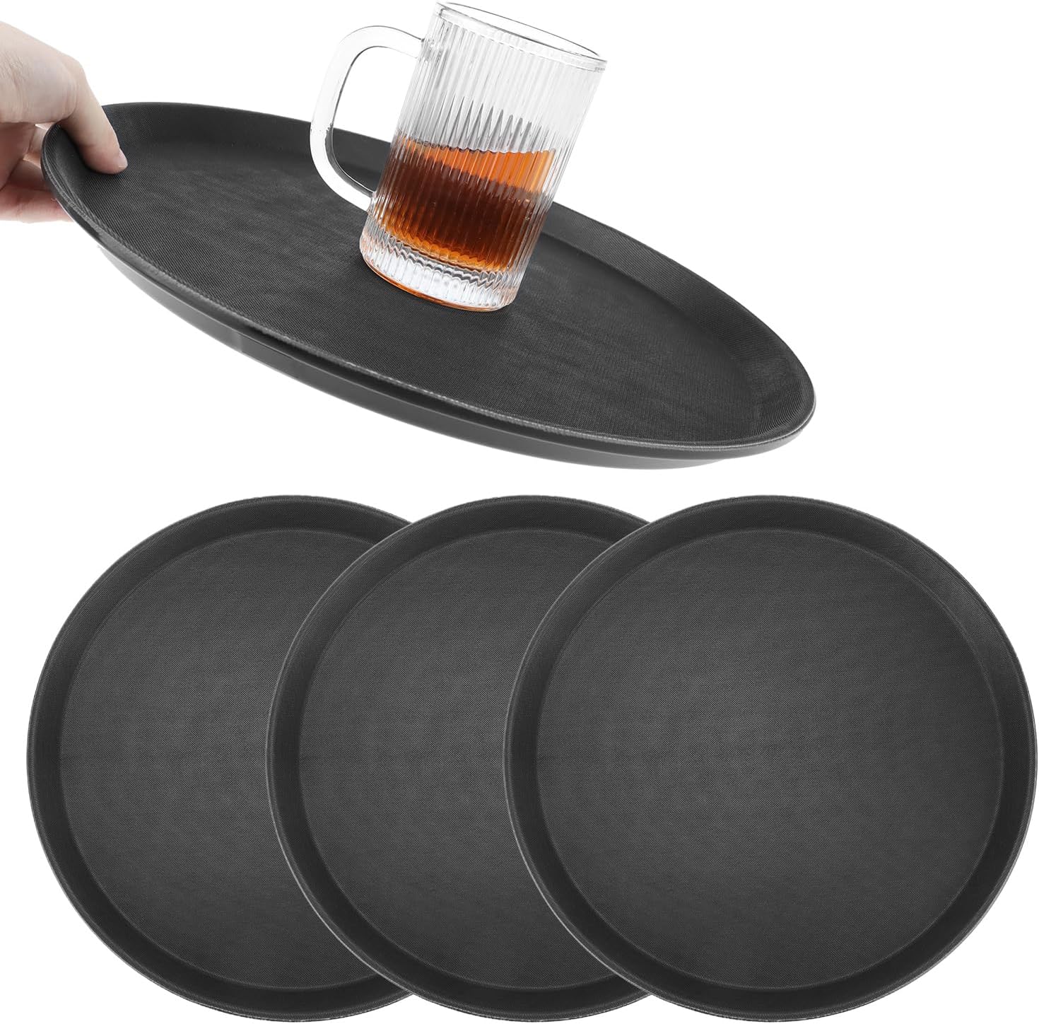 QWORK 14-Inch Round Non-Slip Serving Tray Set – 4Pack Rubber Surface Drink & Meal Carrier for Home, Café & Catering