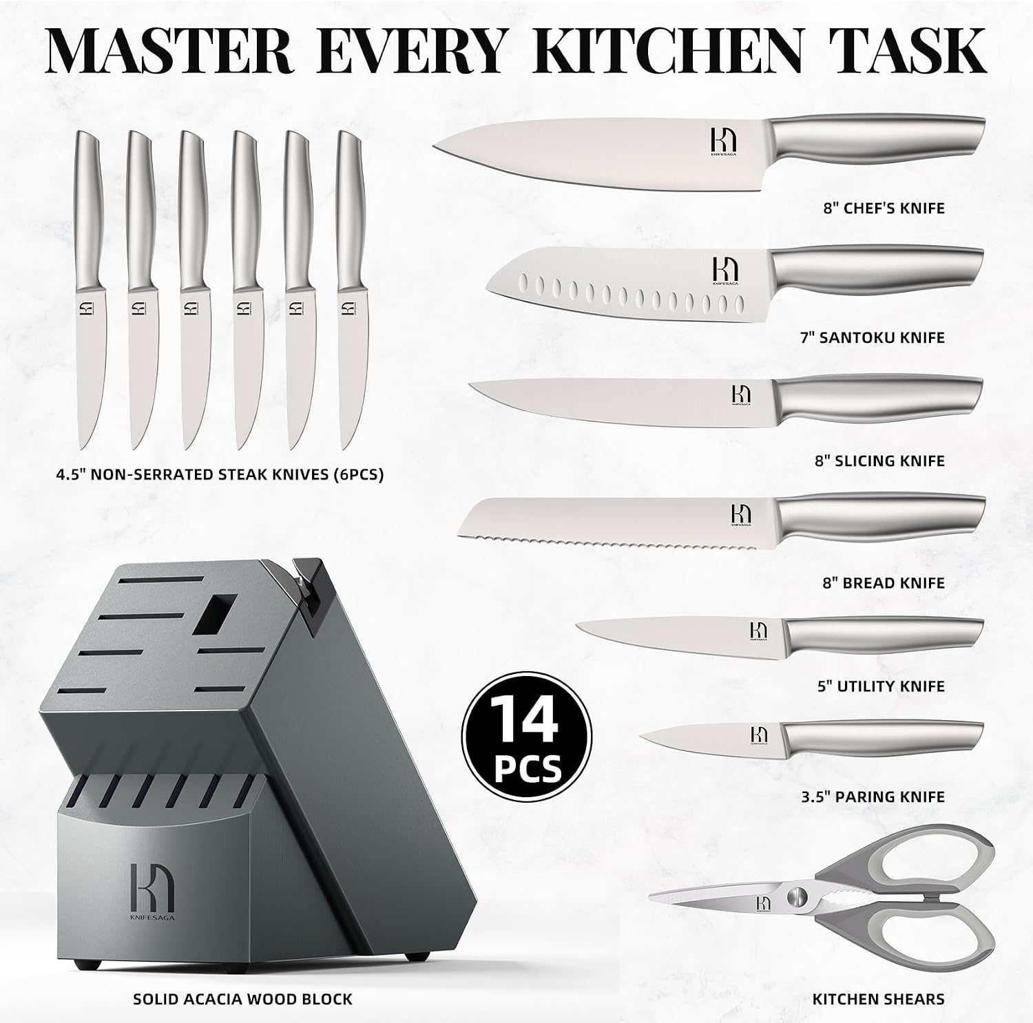KnifeSaga 14 Pcs Kitchen Knife Set, Premium, Razor Sharp, Japanese Steel - Image 5