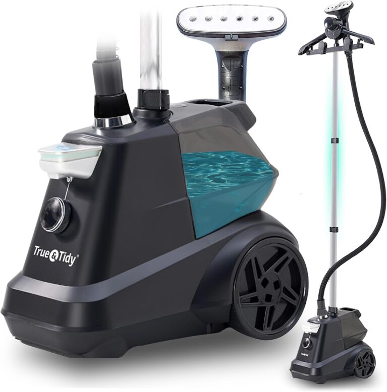 True & Tidy® Heavy-Duty Commercial Industrial Standing Garment Steamer for Clothes, 1800 watts, XL 3L water tank 90+ mins of Steam 3 Steam Settings, Step On/Off Control, Wheels for Easy Movement