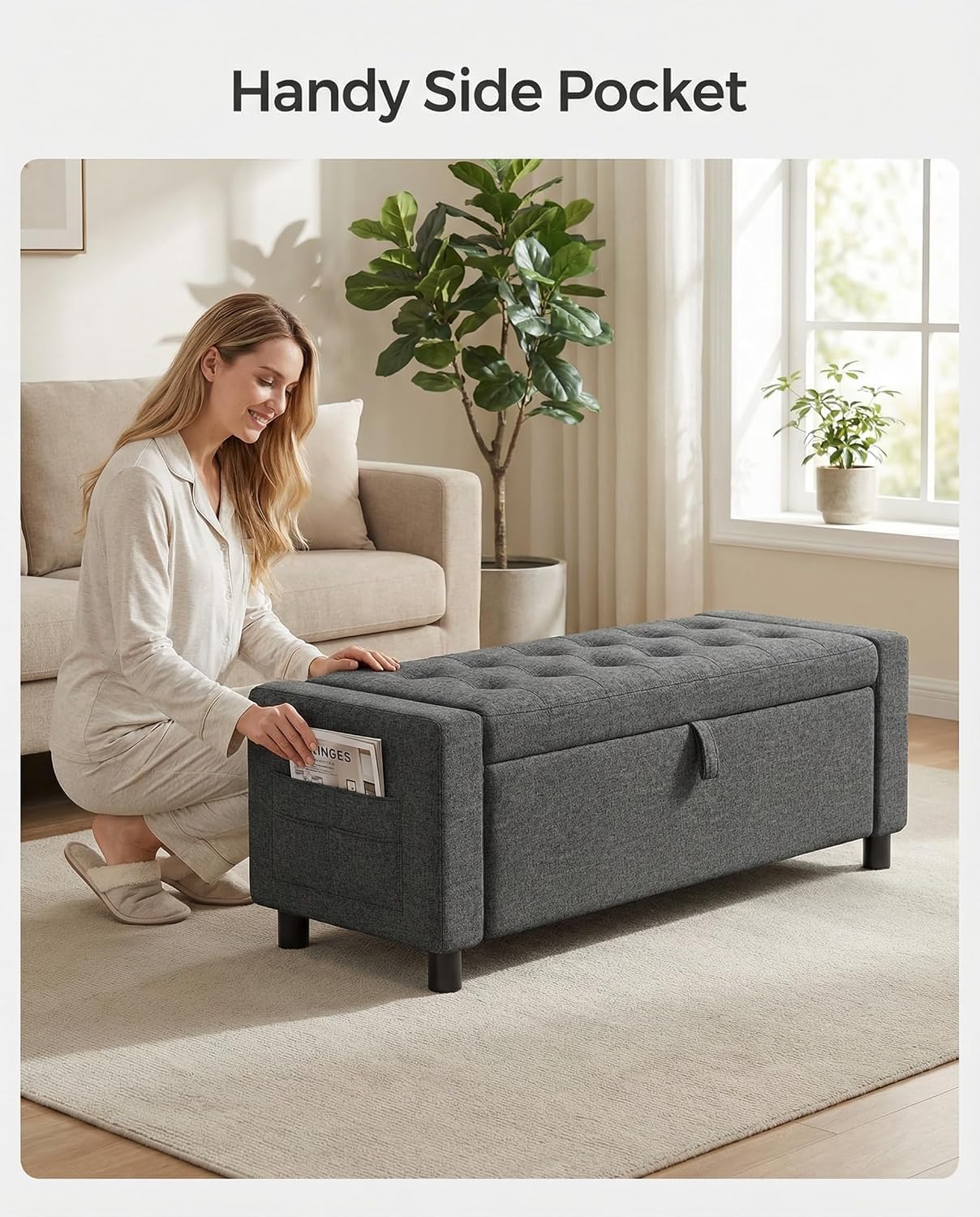 Amada 46" Storage Ottoman Bench, Side Pocket, Safety Hinge, Dark Gray - Image 3