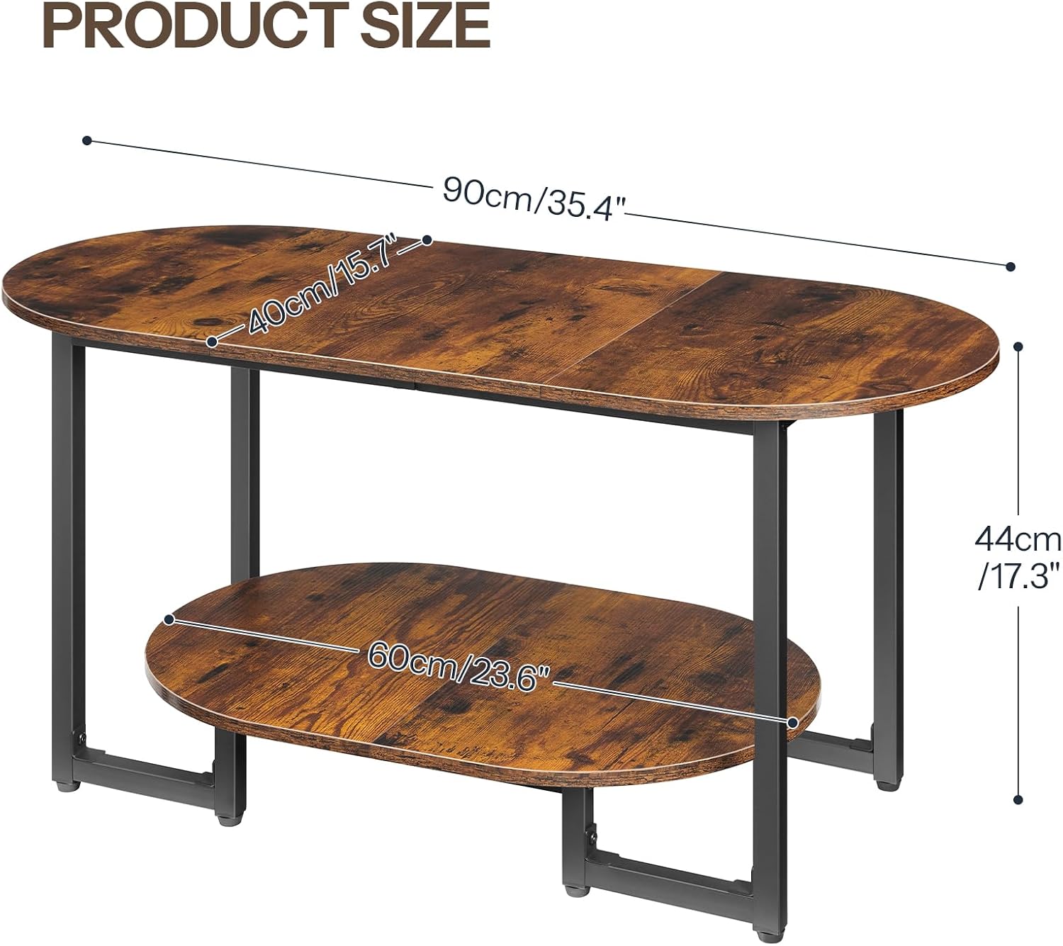 HOOBRO Coffee Table for Living Room, Oval Small Coffee Table with 2-Tier Open Storage Shelf, Industrial Cocktail Tea Table, Wooden Desktop Center Table, Farmhouse, Home Office, Rustic Brown BF09KF01 - Image 2