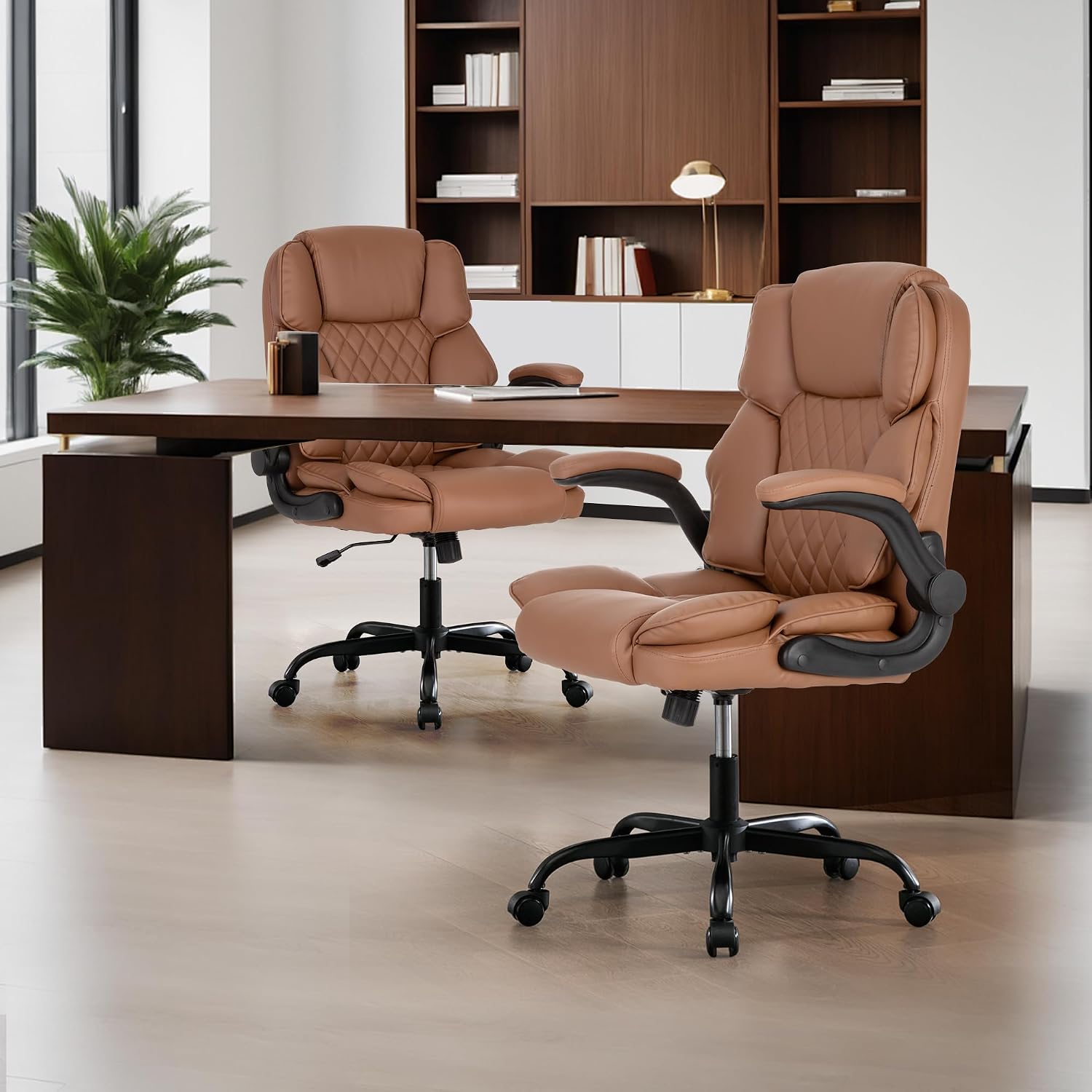 Office Desk Chair,Mid Back Executive Leather Chair,Ergonomic Home Computer Chair,Modern Conference Room Chairs with Adjustable Flip-Up Arms and Rocking Function (Brown) - Image 6