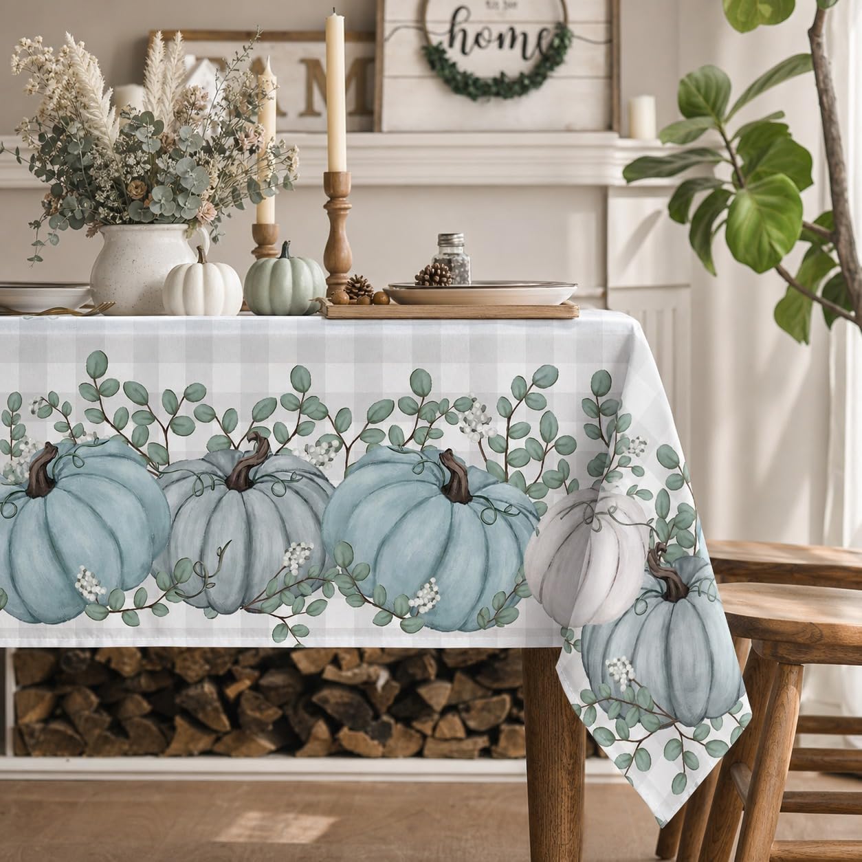 Horaldaily Fall Tablecloth 60x84 Inch Rectangular, Thanksgiving Autumn Harvest Blue Pumpkin Buffalo Plaid Table Cover for Party Picnic Dinner Decor - Image 3