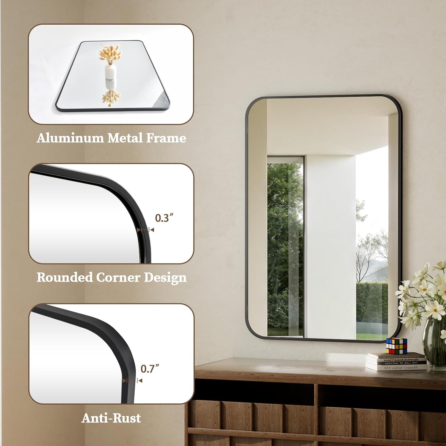 BEAUTYPEAK 24" x 36" Rectangular Aluminum Alloy Frame Wall Mounted Bathroom Mirror with Rounded Corners, Black - Image 3