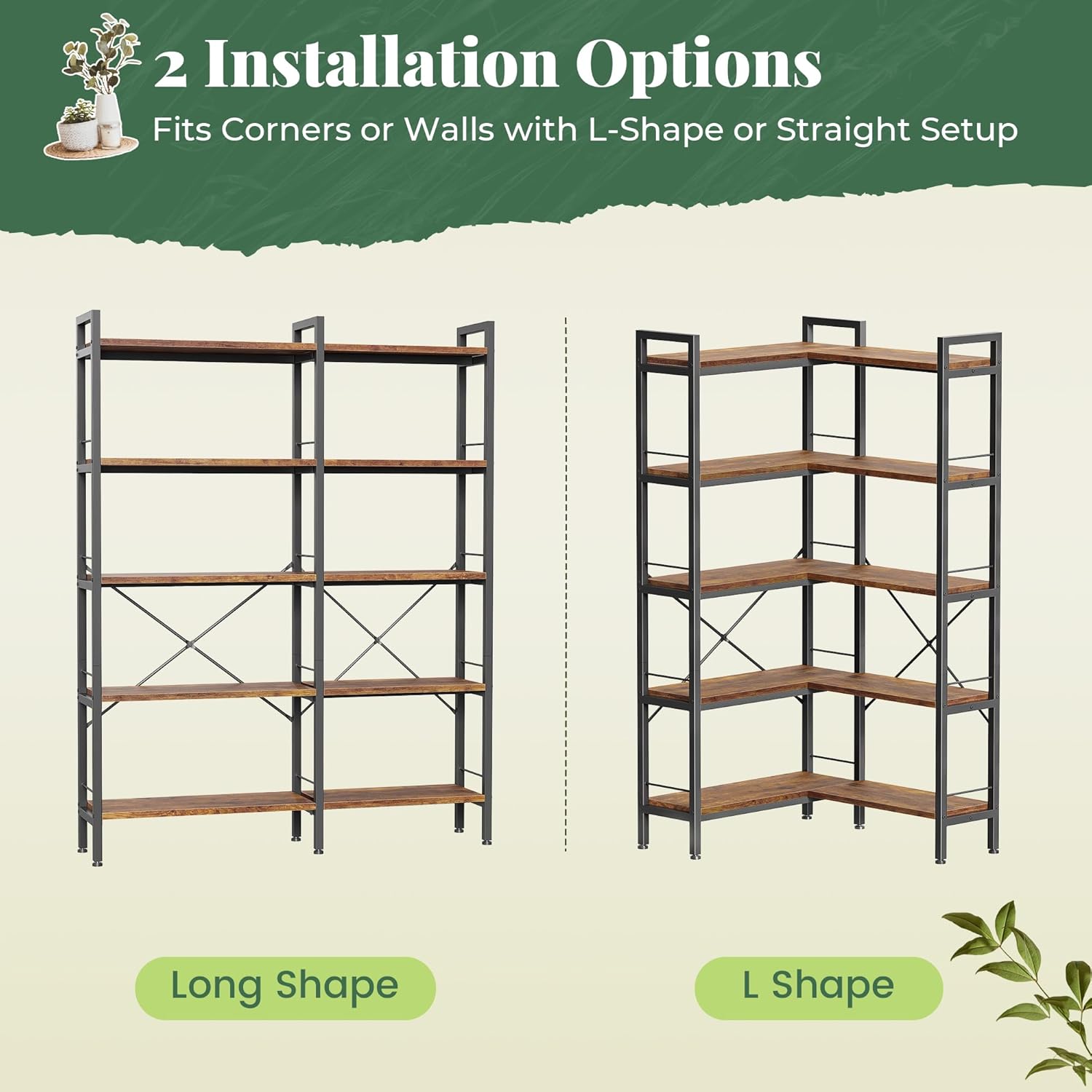 Huuger 5 Tier Bookshelf, L Shaped Corner Bookshelf with 10 Open Shelves, 49.4 Inch Straight Wide Bookcase with Metal Frame and Wooden Board, Adjustable Feet, Rustic Brown - Image 9
