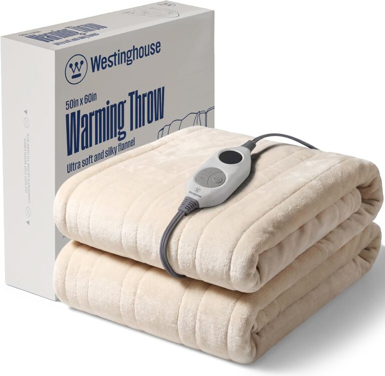 Westinghouse Heated Throw Blanket, Soft Flannel, 6 Levels, Beige