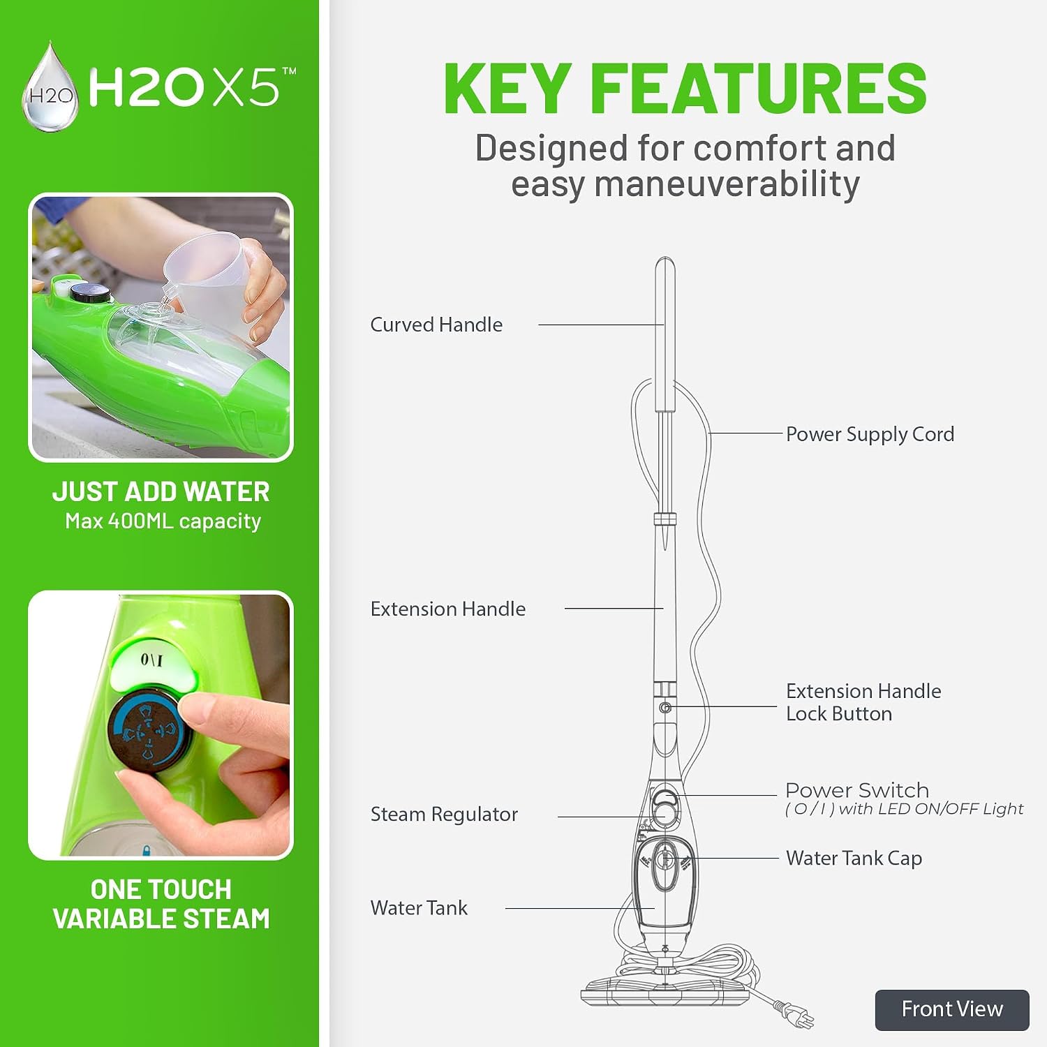 H2O X5 Steam Mop & Handheld Steam Cleaner | 5-in-1 Floor Steamer | Hardwood, Tile & Laminate Cleaner | Carpet Glider Included | Grout, Window & Garment Attachments - Image 9