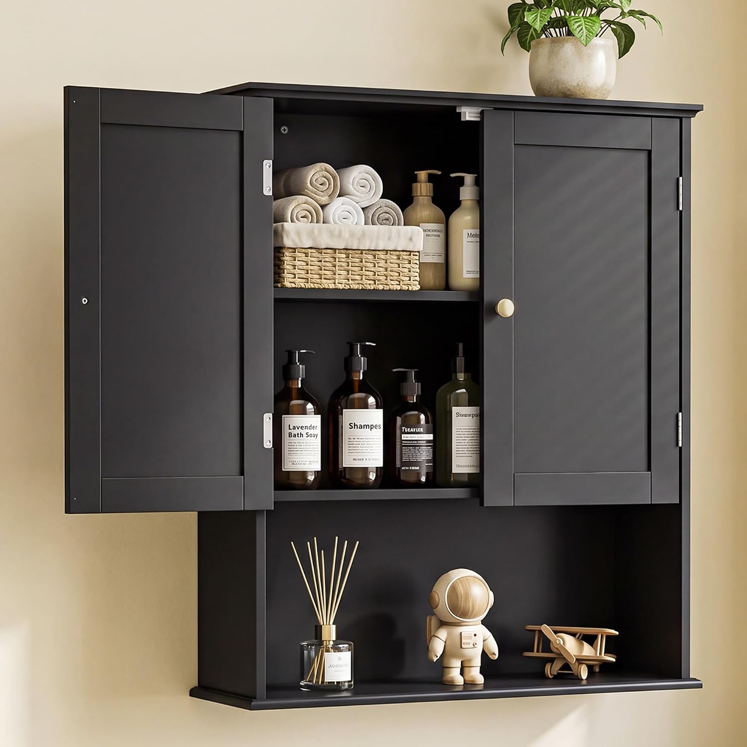 Bathroom Wall Cabinet, Black 30" x 24" Wall Mounted Medicine Cabinet, Over Toilet Storage Hanging Cabinet Adjustable Shelves Cupboard with Large Space for Laundry Room, Bedroom, Kitchen, Entryway