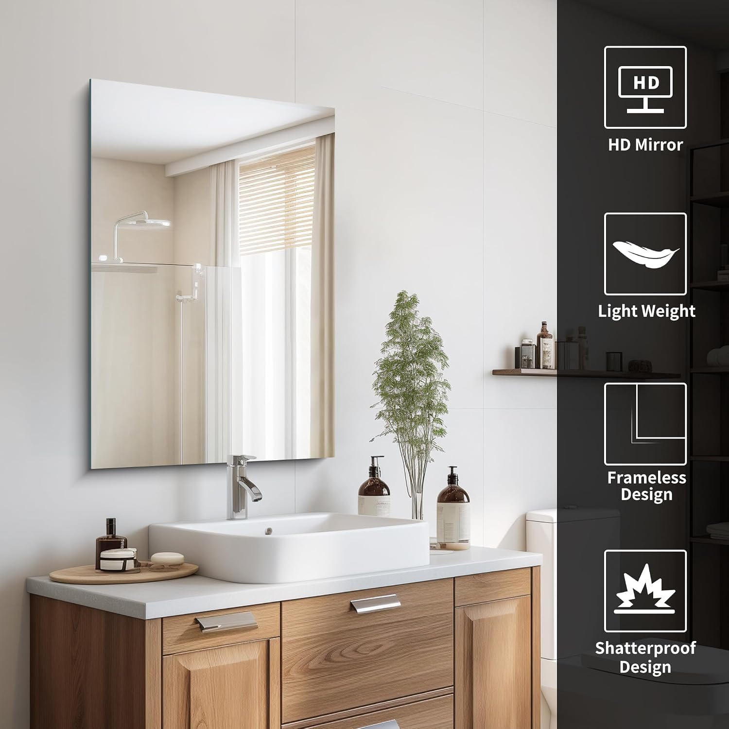 CILIBER Frameless Mirror, 24x36 Rectangle Bathroom Vanity Mirror with Polished Edge, 3mm Tempered Glass, Wall Mounted Horizontally or Vertically for Bathroom Over Sink, Bedroom, Living Room - Image 5