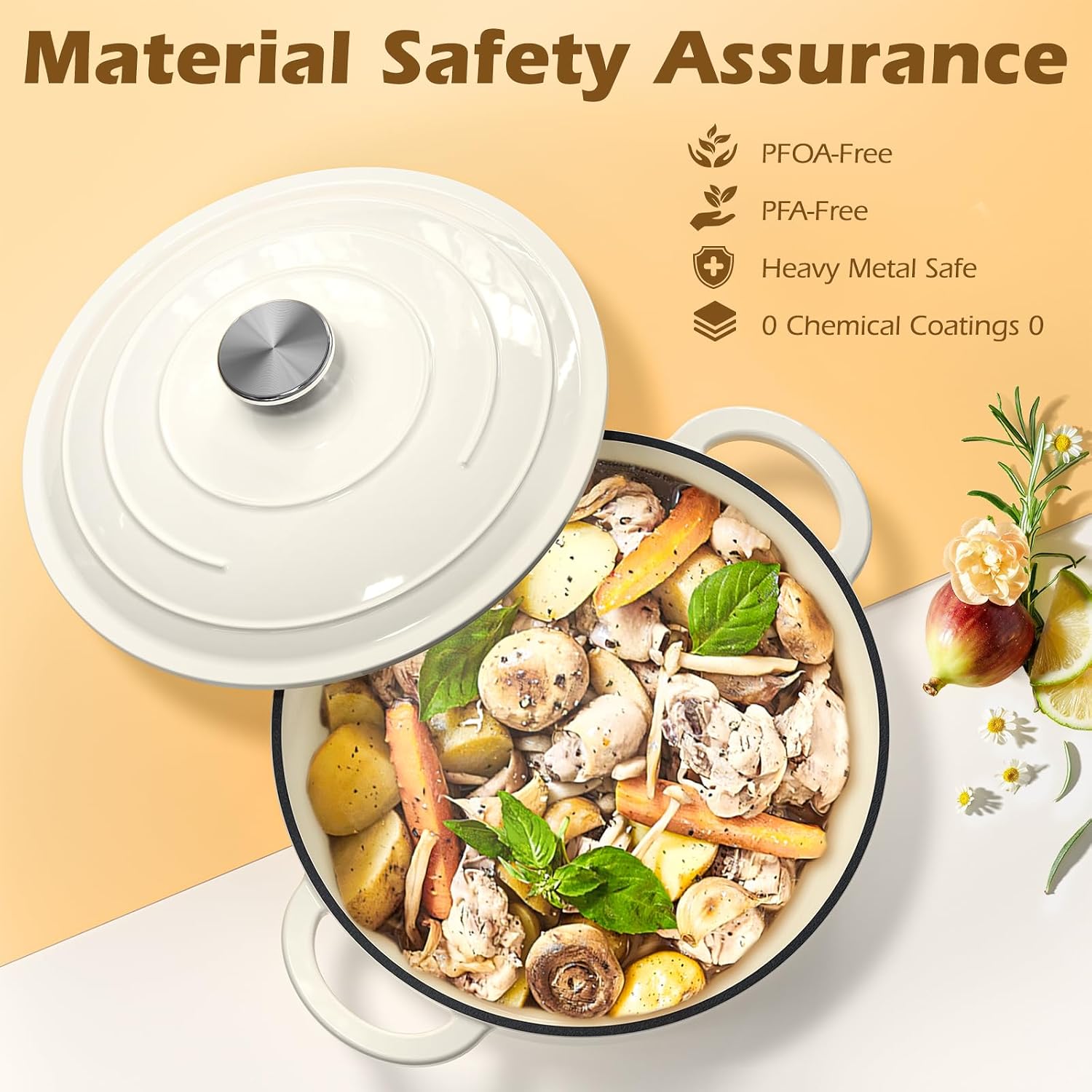 Enameled Cast Iron Dutch Oven - Umite Chef 5QT Pot with Lid & Cotton Potholders - Heavy-Duty Cookware for Bread Baking, Braising, Stews, Roasting(Cream White) - Image 6