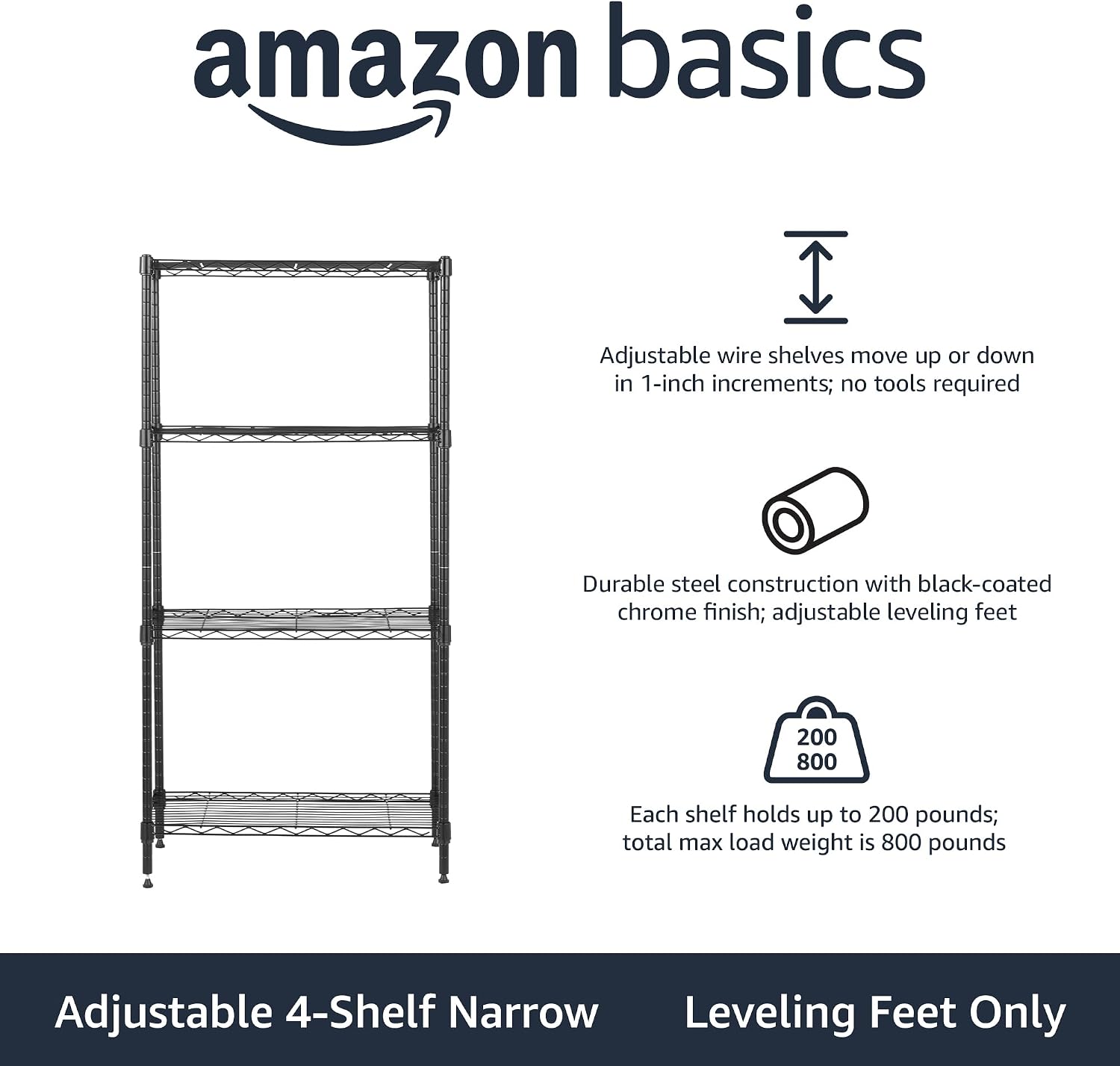 Amazon Basics 4-Shelf Steel Wire Storage Shelves for Garage, Adjustable Metal Shelving Unit, 200 lbs Per Shelf, 23.2" W x 48" H x 13.4" D, Black - Image 3