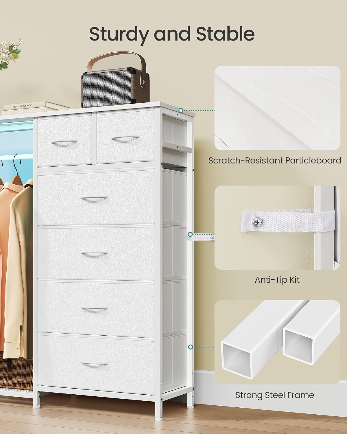 SONGMICS Dresser with Hanging Rod, Closet Organizer with 6 Fabric Drawers - Image 6