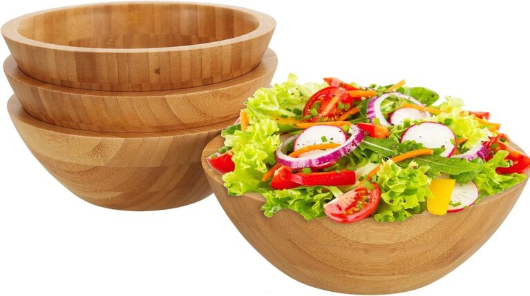 Lawei Set of 4 Bamboo Salad Bowls - 7 x 2.25 Inch Wood Serving Bowls Individual Meal Bowls Fruits, Salad, Pasta, Cereal, Rice and Snacks