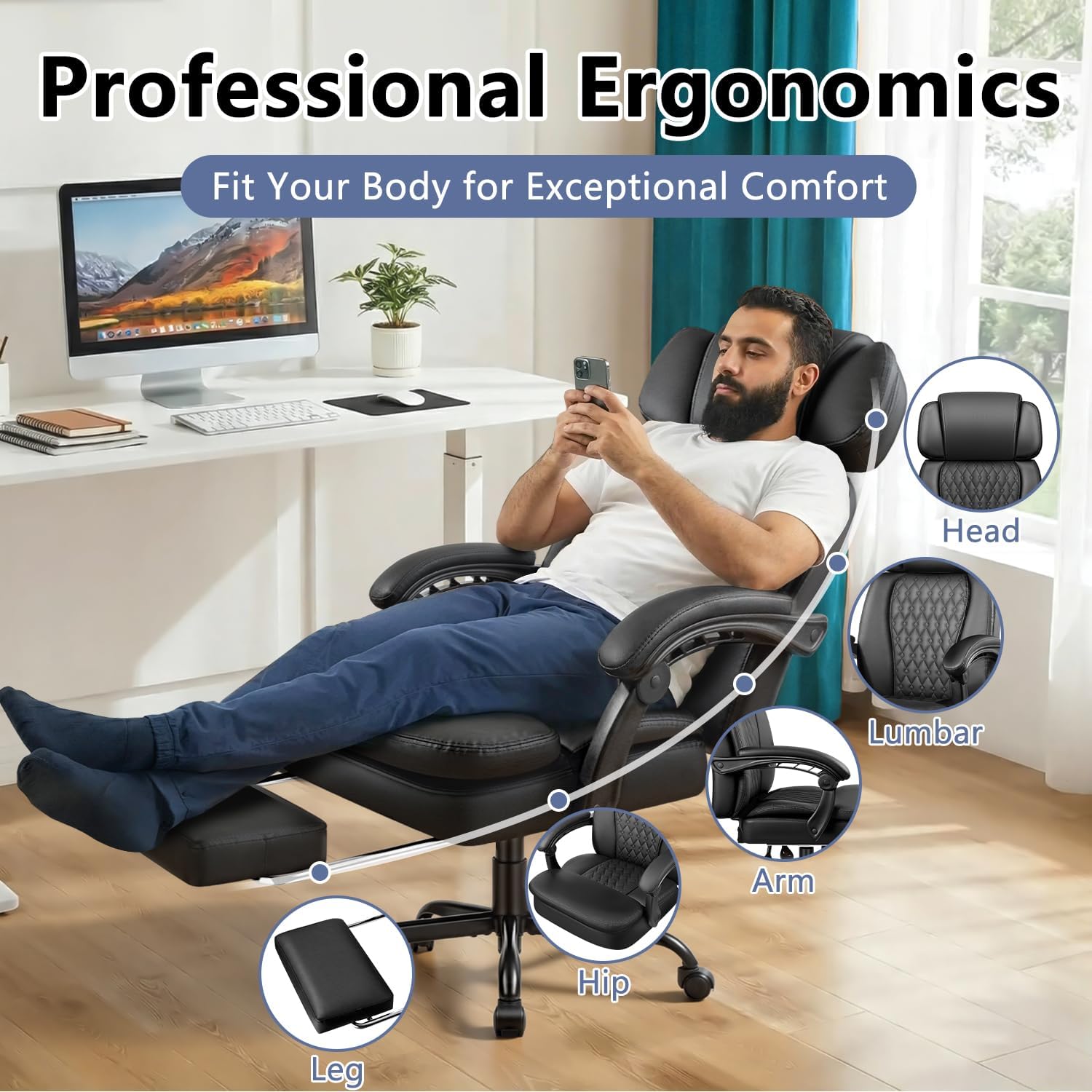 Office Chair with Foot Rest 400lbs, High Back Leather Office Chair Big and Tall, Heavy Duty Ergonomic Executive Desk Chair for Home Office, Black - Image 6