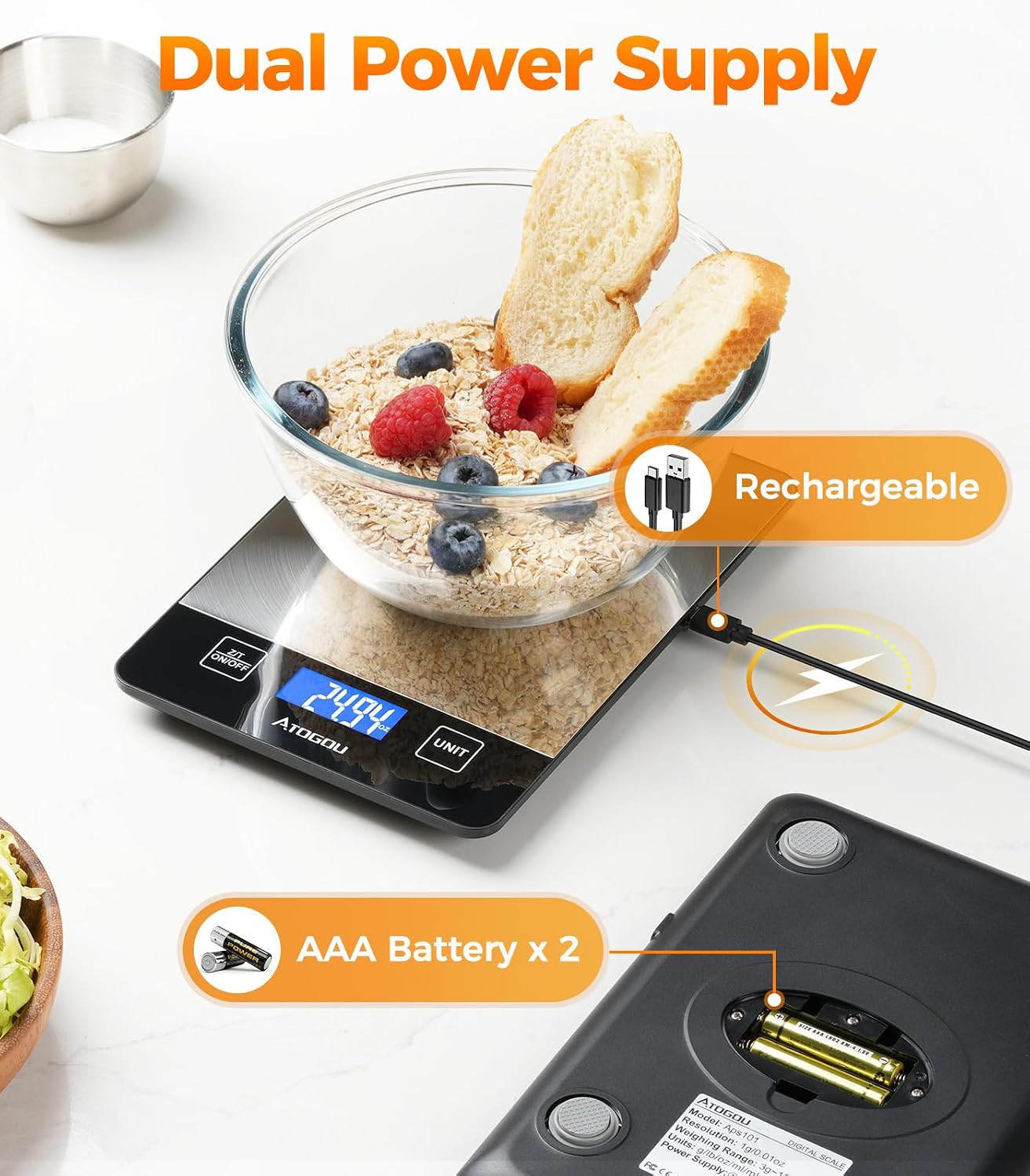 Atogou Food Scale Rechargeable - 33lb Digital Kitchen Scale Ounces Grams - Image 4