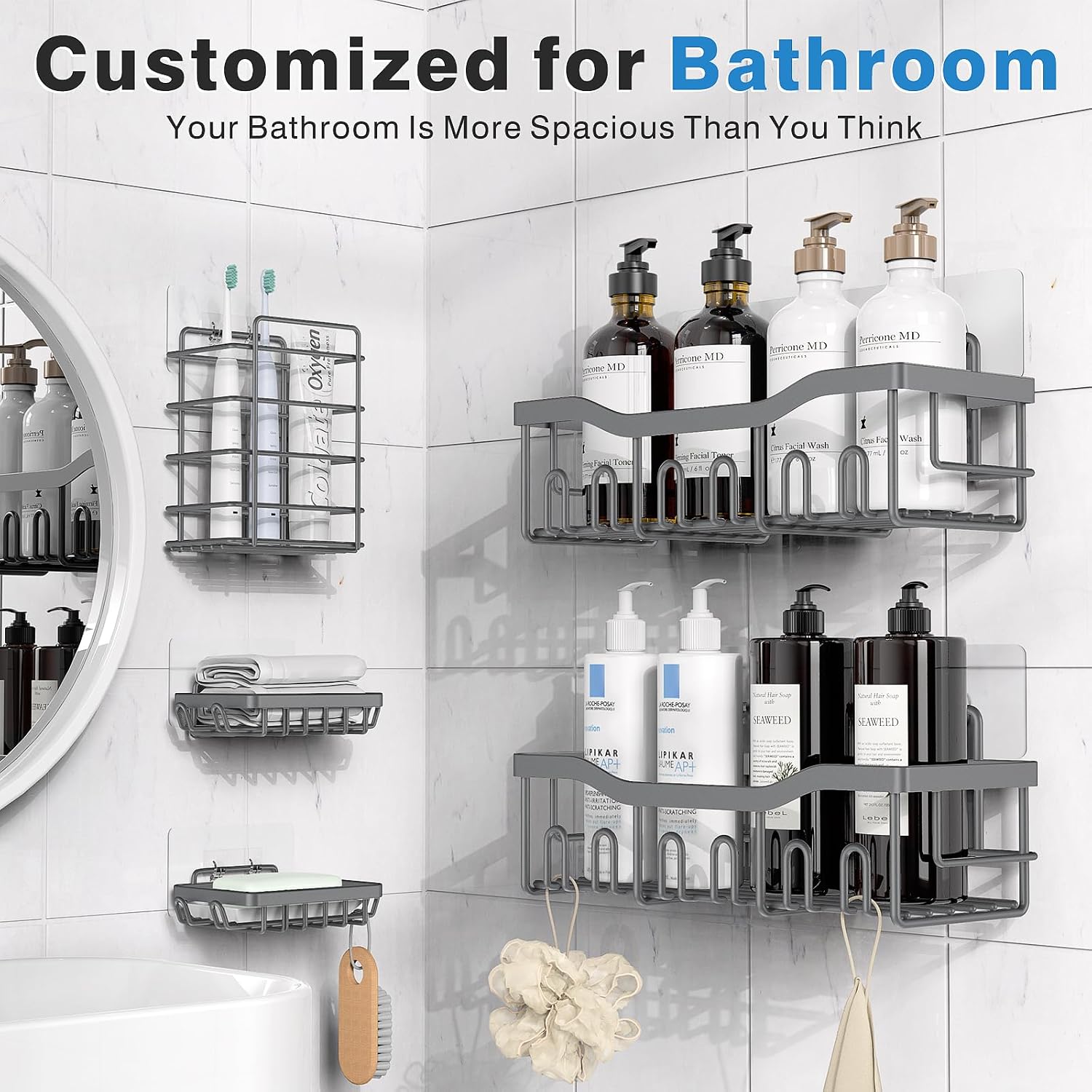 Shower Caddy 5 Pack,Adhesive Shower Organizer for Bathroom Storage&Home Decor&Kitchen,No Drilling,Large Capacity,Rustproof Stainless Steel Bathroom Organizer,Shower Shelves for Inside Shower-Larger - Image 2
