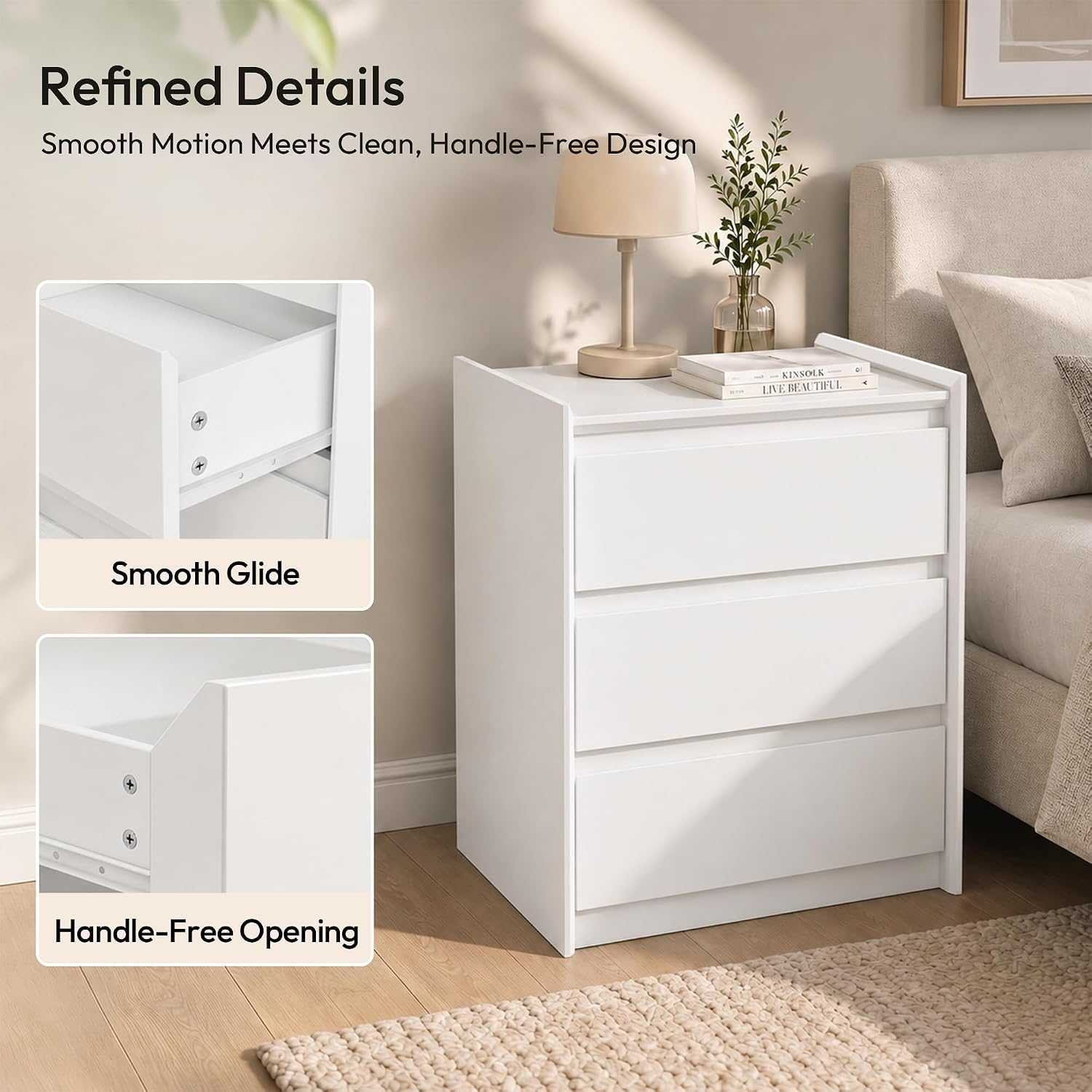White Nightstand with Charging Station, 24" H, 3-Drawer Storage - Image 7