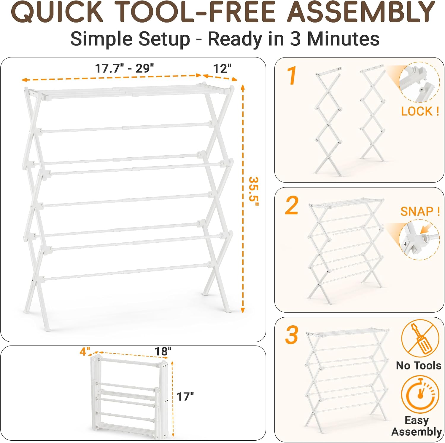 Foldable Clothes Drying Rack, Reinforced Joints, White - Image 5