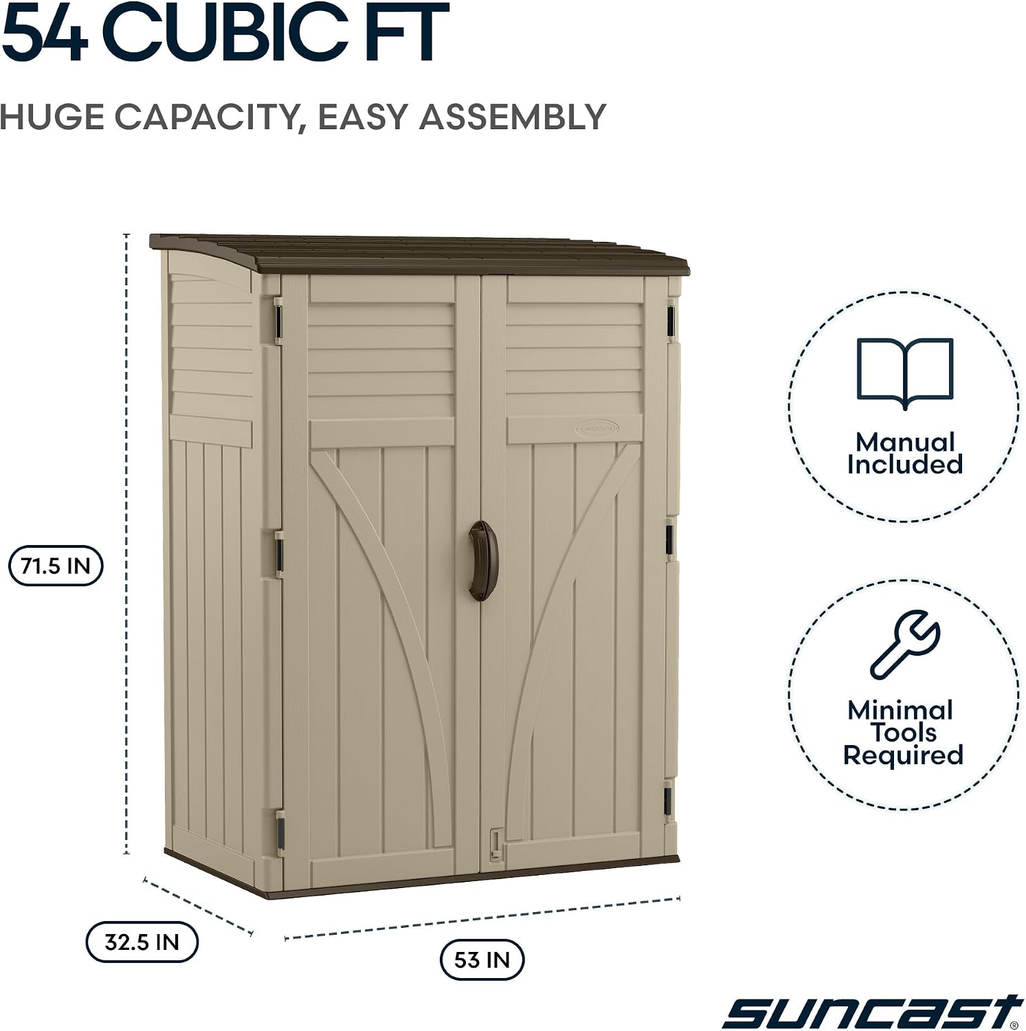 Suncast Outdoor Storage Shed, Water Resistant Resin Vertical Outdoor Storage Cabinet for Patio, Garden Tools, Cushions, & Equipment, Weatherproof Multi-Wall Design, 54 cu. ft., Made in USA - Image 8