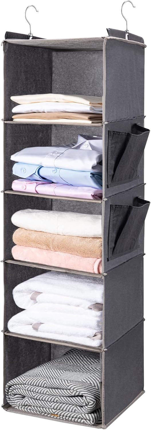 BOOMIBOO Hanging Closet Organize and Shelves,5-Hanging Shelf with 2 Side Pockets,Storage Foldable (Grey)