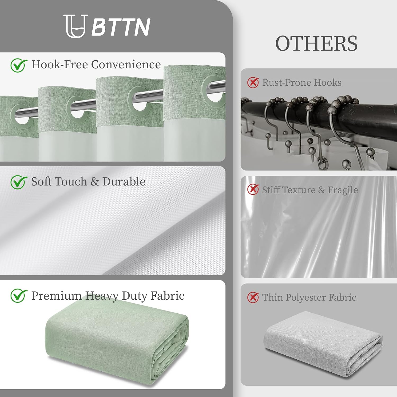 BTTN 72x81 Ringless Linen Look Shower Curtain with Snap in Liner Sage Green - Image 7