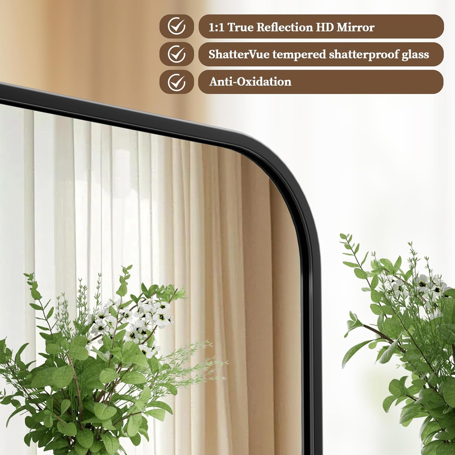 BEAUTYPEAK 24" x 36" Rectangular Aluminum Alloy Frame Wall Mounted Bathroom Mirror with Rounded Corners, Black - Image 2