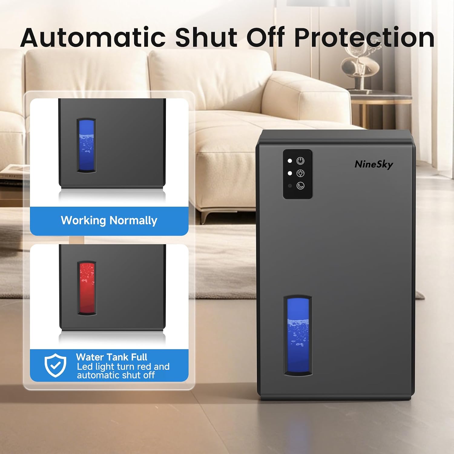 NineSky Dehumidifiers for Home, 1000 Sq.Ft Dehumidifier with 95oz Water Tank, Quiet Dehumidifier for Basement Bathroom Bedroom with 7-Color Ambient Light & Auto Shut Off, (Grey) - Image 8