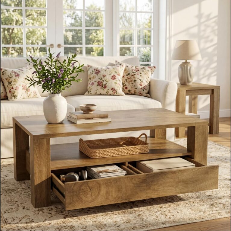 Tribesigns Farmhouse Coffee Table with Storage, 47" Large Rectangle Coffee Table with 2 Drawers & Open Shelf, Mid Century Modern Wood Living Room Center Tea Table or Apartment, Office, Rustic Brown