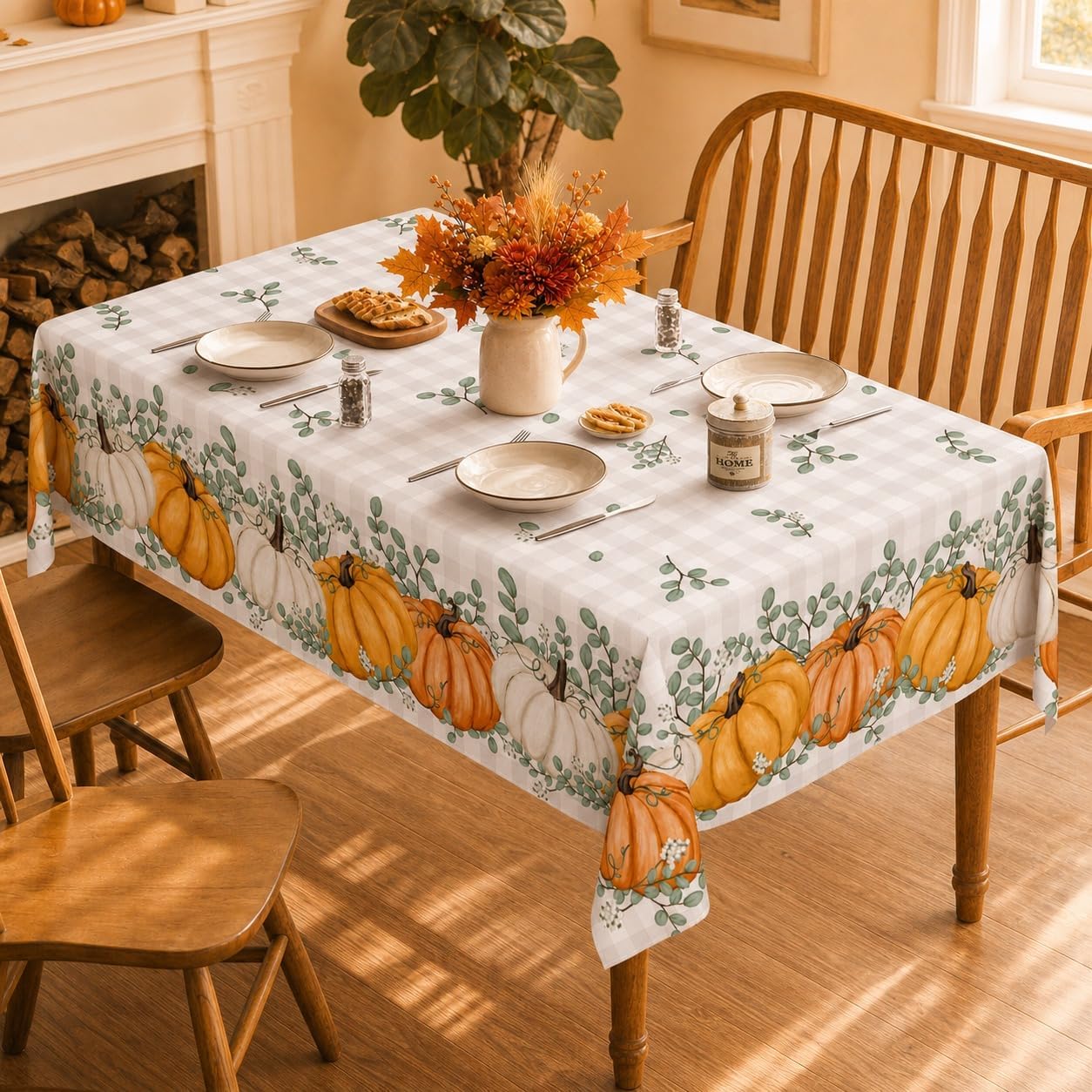 Horaldaily Fall Tablecloth 60x84 Inch Rectangular, Thanksgiving Autumn Harvest Orange Pumpkin Buffalo Plaid Table Cover for Party Picnic Dinner Decor - Image 2