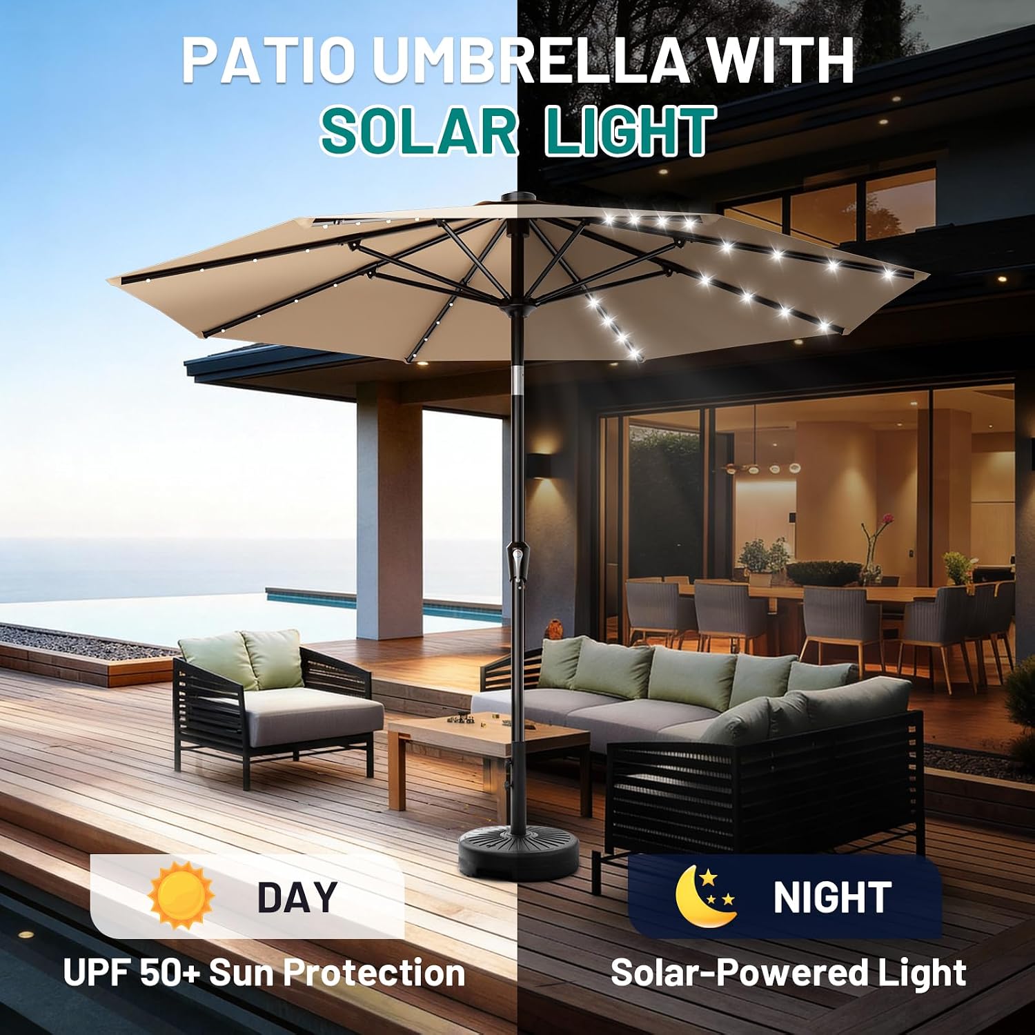 AreShark 9FT Patio Umbrella with Solar Lights, 32 Lighted Pool Umbrella w/Tilt and Crank, Outdoor Market Solar Umbrellas for Garden, Deck, Backyard, Pool and Beach, Beige - Image 5
