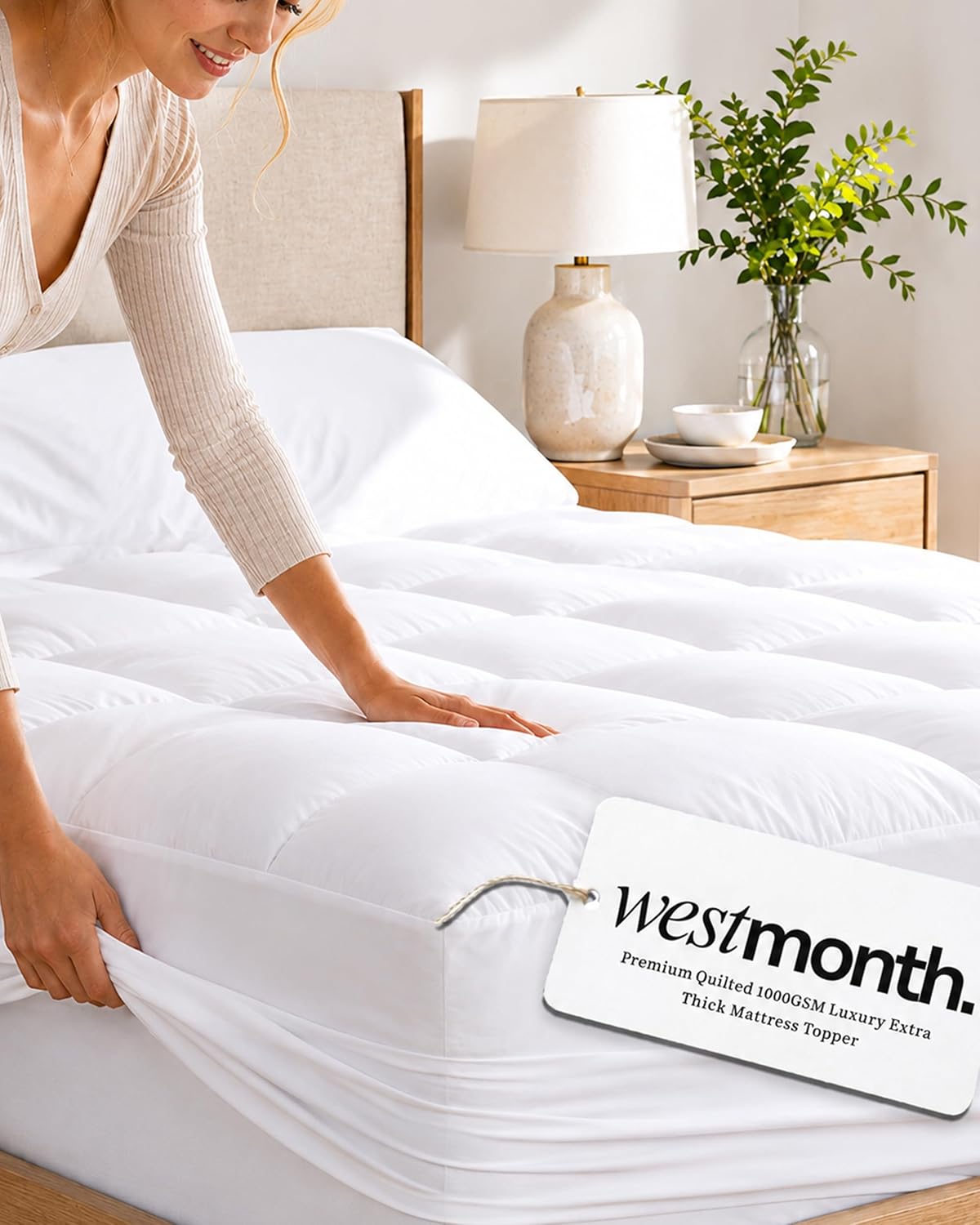 Mattress Topper, 1000GSM Westmonth Premium Quilted 1000GSM Extra Thick Mattress Topper, Oeko-TEX Hotel-Style Breathable & Fluffy Soft, Cooling for Back Pain with (8-21") Deep Pocket,Queen