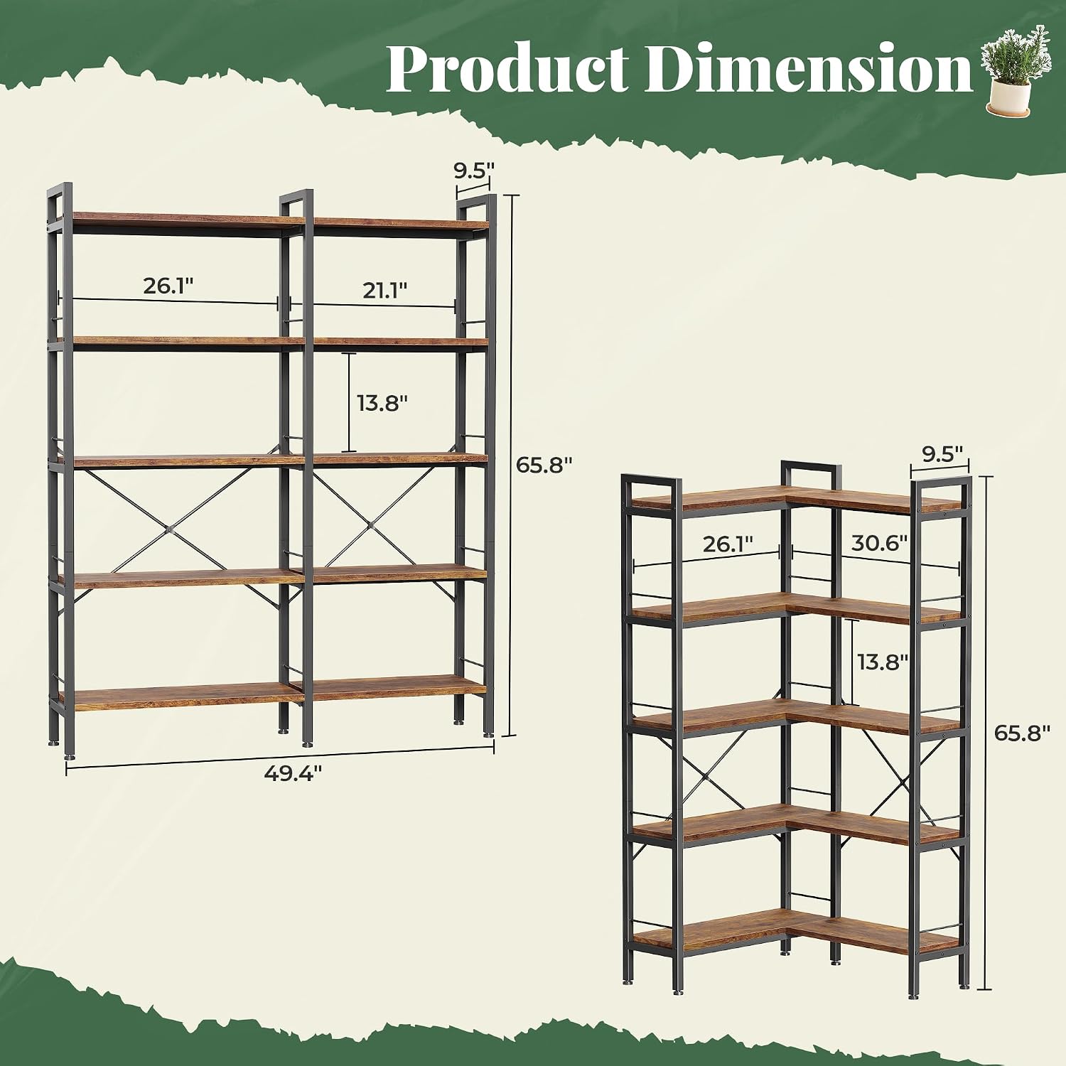Huuger 5 Tier Bookshelf, L Shaped Corner Bookshelf with 10 Open Shelves, 49.4 Inch Straight Wide Bookcase with Metal Frame and Wooden Board, Adjustable Feet, Rustic Brown - Image 2