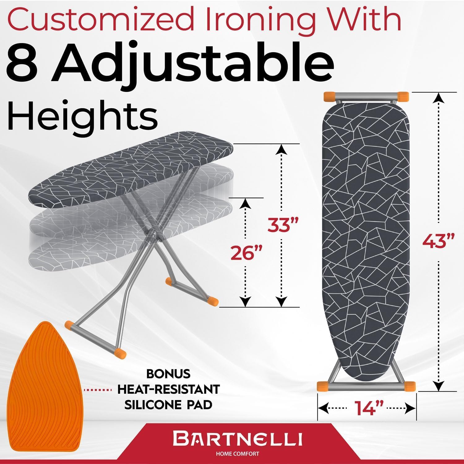 Bartnelli Compact Ironing Board, 13x43 Space-Saving Steel Foldable Iron Board, 4 Layer Cotton Cover, Adjustable Height, Bonus Hanger and Silicone Iron Pad - Image 4