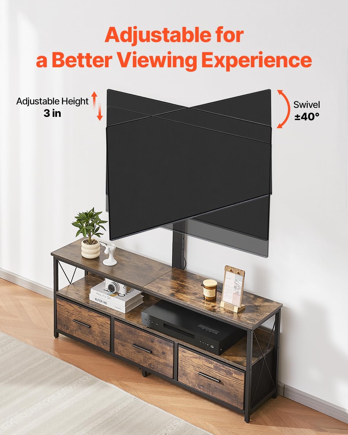 VEVOR 52" TV Stand with Mount for up to 75 in TVs, Entertainment Center with Power Outlet & LED Lights, Height Adjustable TV Console with Mount with 3 Drawers for Bedroom, Living Room, Brown - Image 5