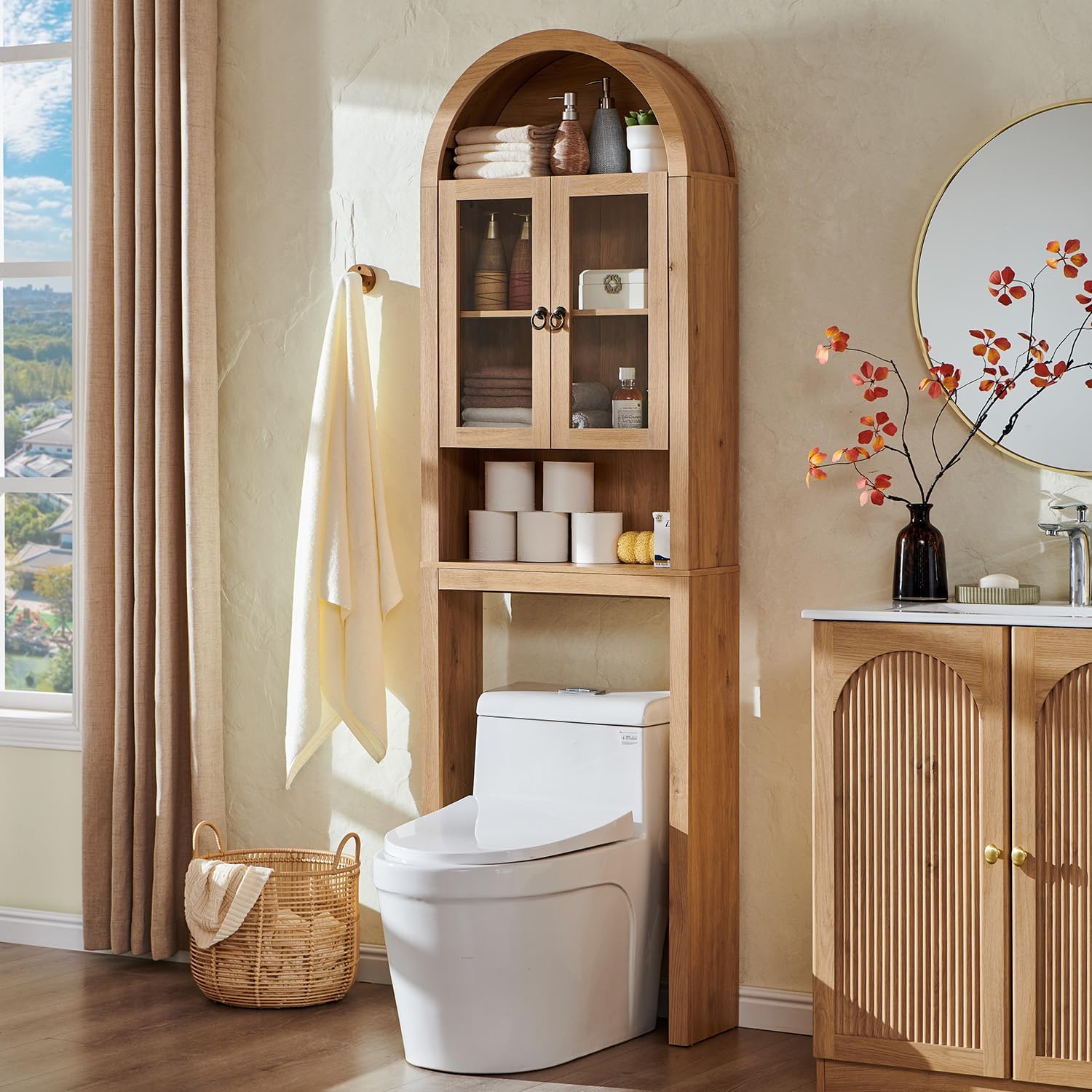 IFGET Arched Over The Toilet Storage Cabinet with Acrylic Doors,Natural Oak