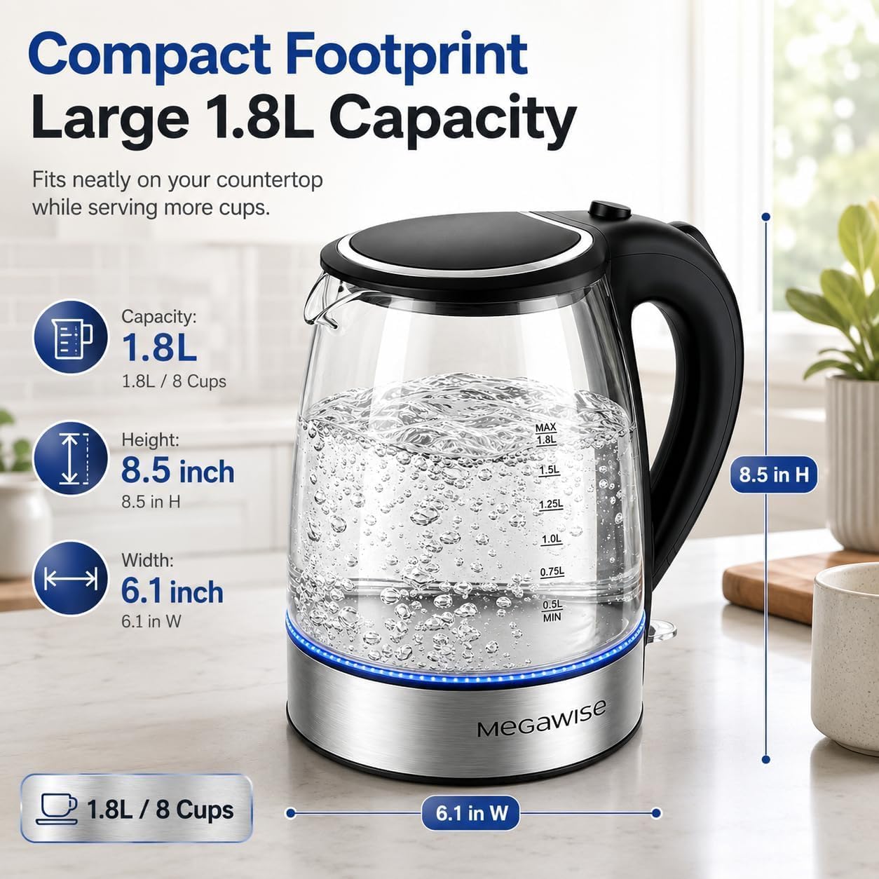 MEGAWISE Electric Kettle, 1.8L Glass Tea Kettle, Auto Shut-Off, Boil-Dry - Image 2