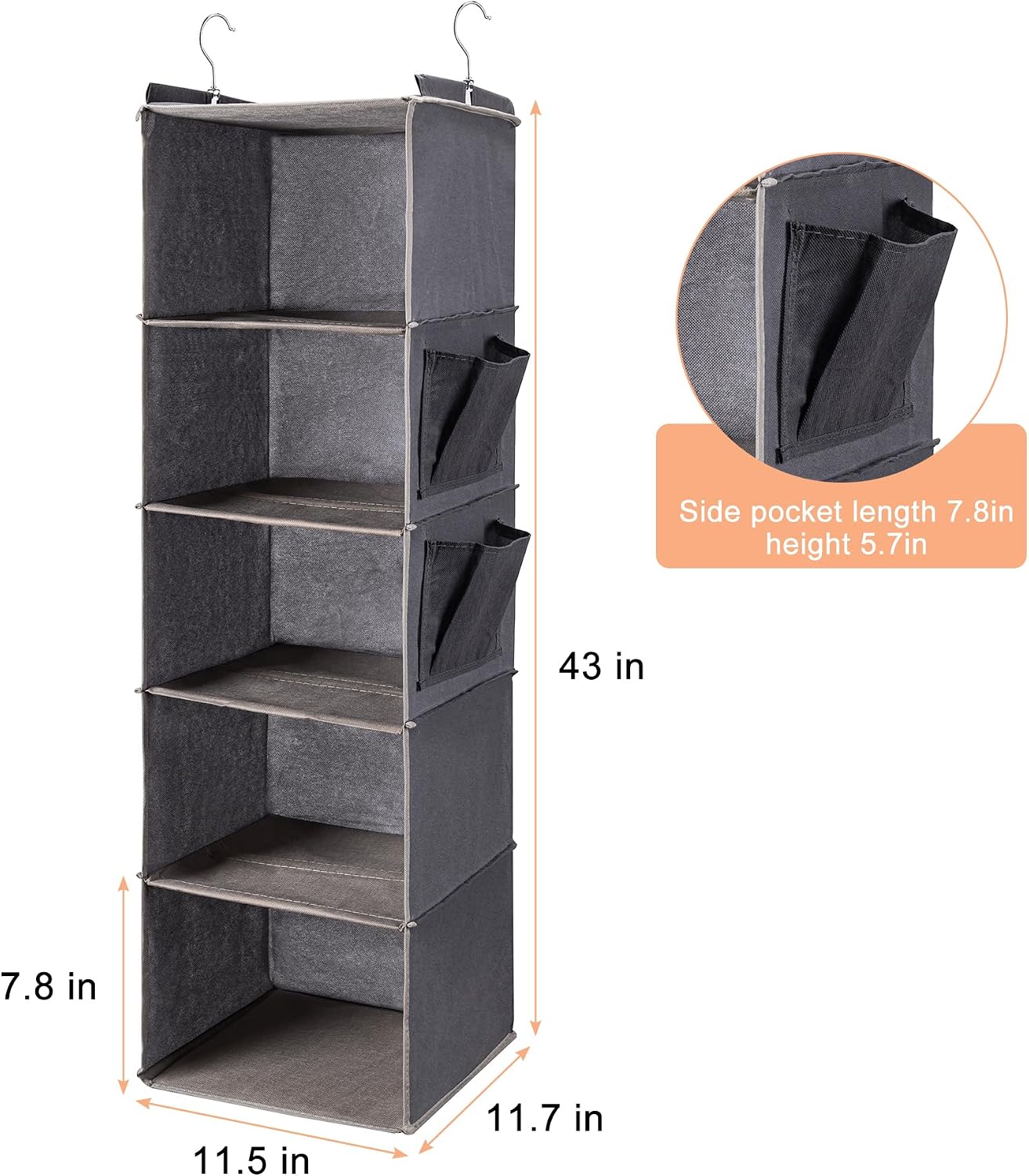 BOOMIBOO Hanging Closet Organize and Shelves,5-Hanging Shelf with 2 Side Pockets,Storage Foldable (Grey) - Image 3