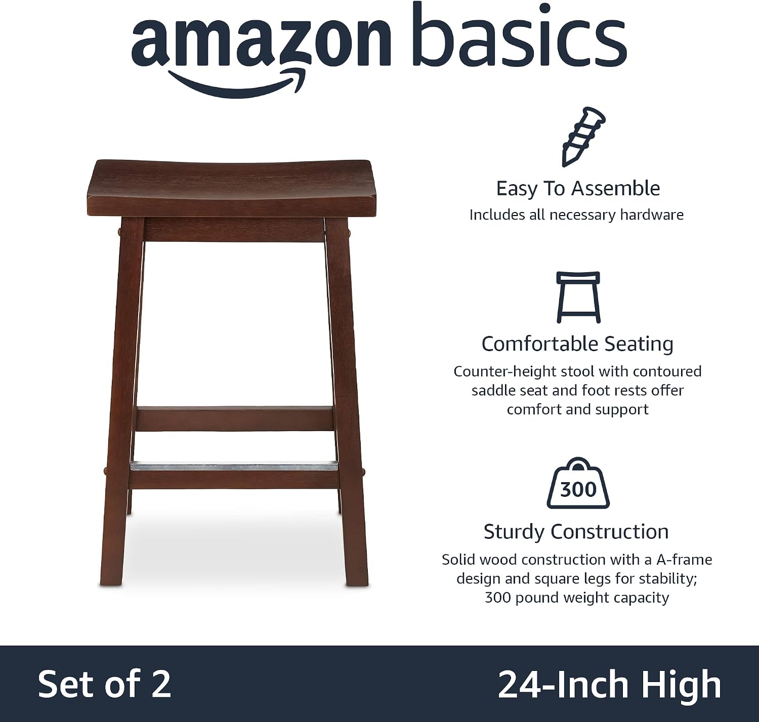 Amazon Basics Solid Wood Saddle-Seat Counter Height Bar Stools for Kitchen Island with Footrest, 24-Inch Height, Walnut, Set of 2 - Image 4