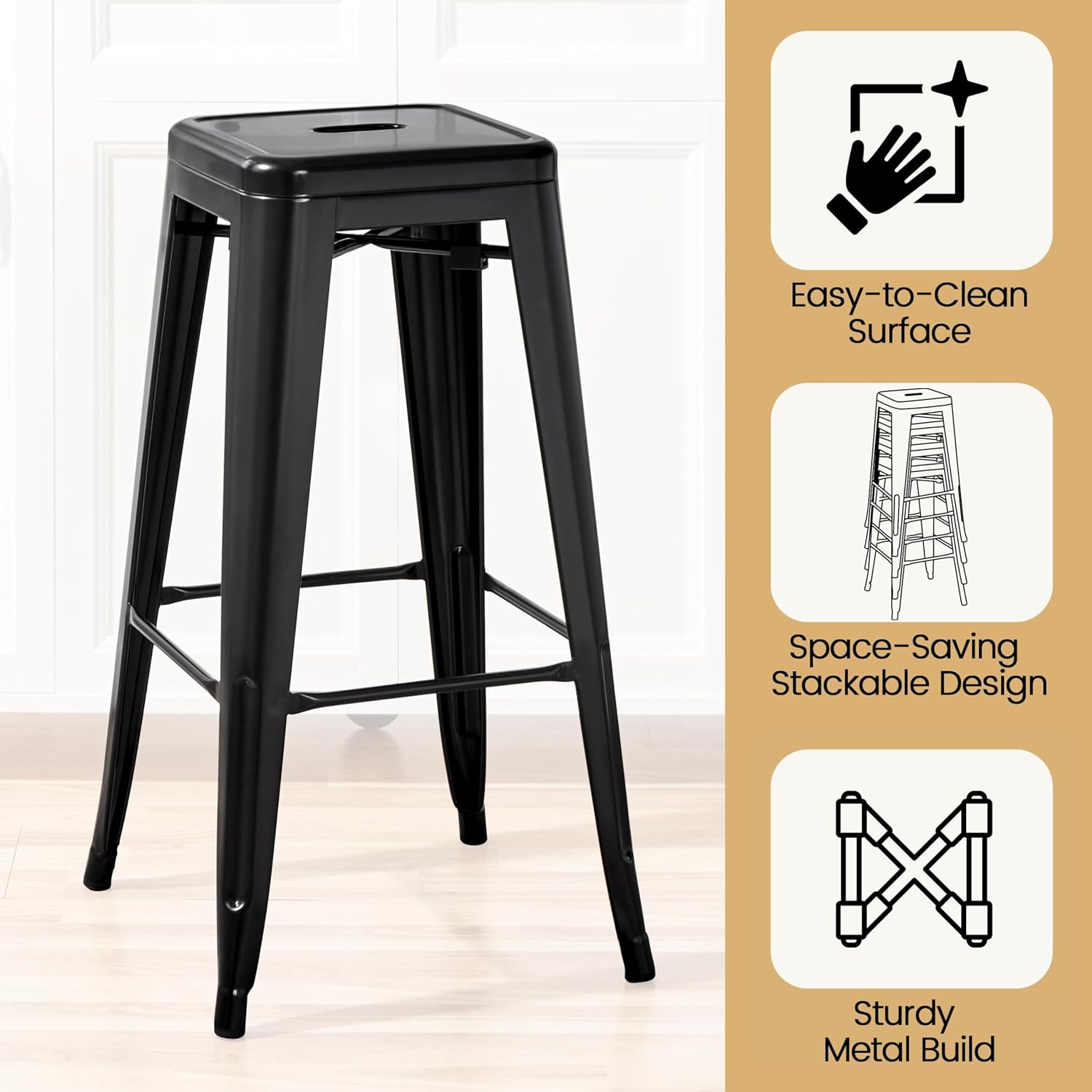 Yaheetech 30 Inch Metal Bar Stools Set of 4, Stackable Barstools, Black - Image 5
