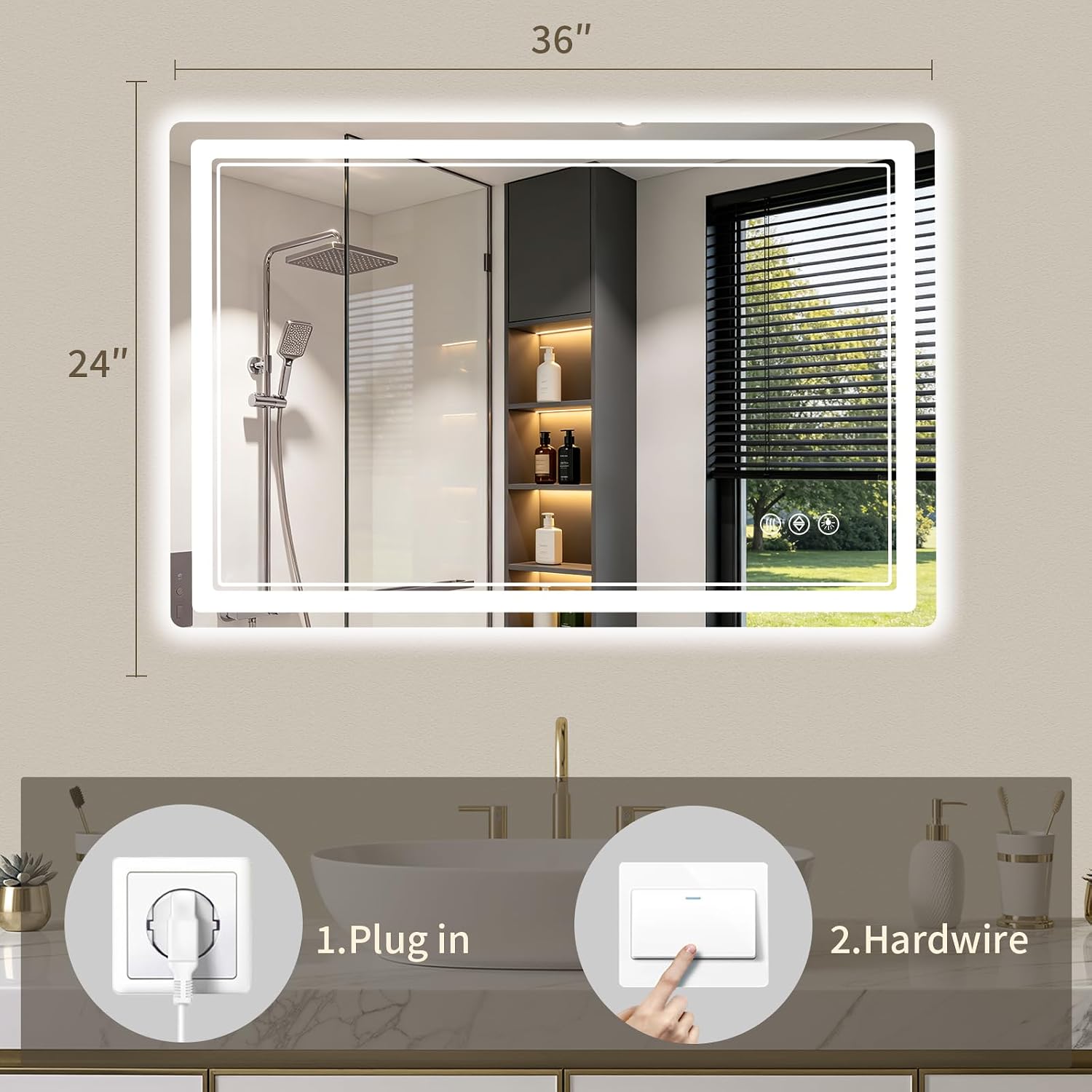 24"x36" LED Bathroom Mirror with Lights, Backlit + Front Lit, Anti-Fog, Lighted Bathroom Mirror for Wall, HD Shatterproof Tempered Glass, Dimmable, Memory Function (Horizontal/Vertical) - Image 3