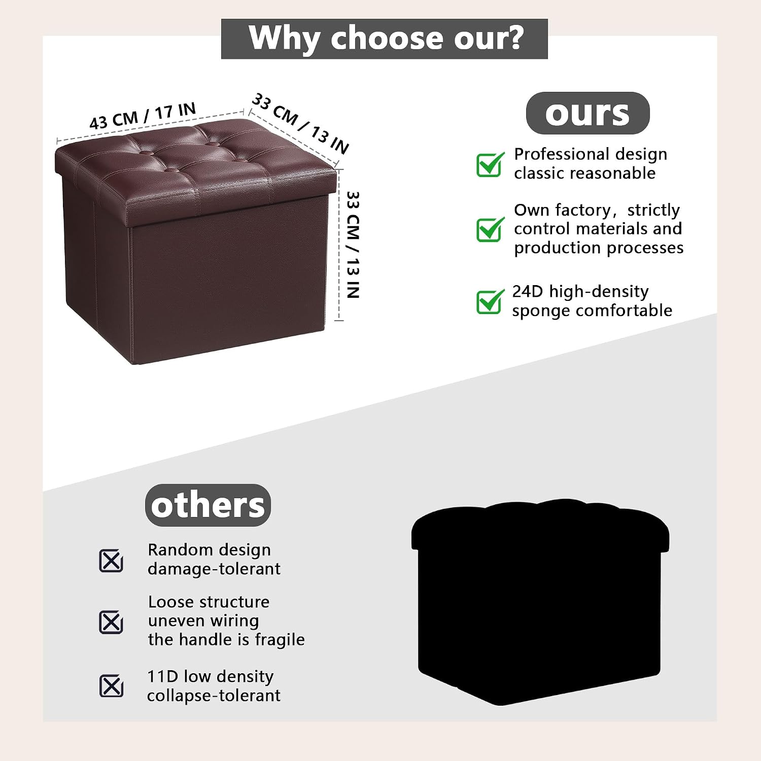 AmasSmile Ottoman with Storage,Folding Stool,17" Leather,Brown 2 Pack - Image 3